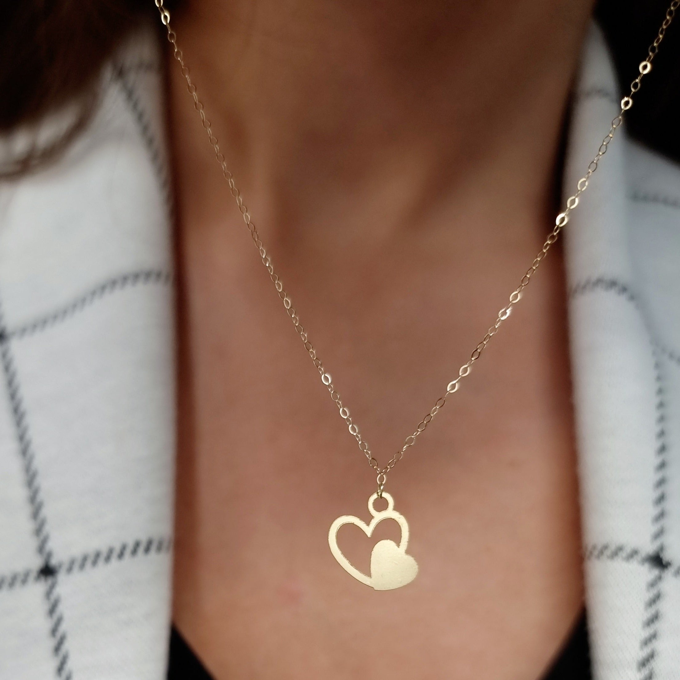 18K Pure Gold Double Heart Necklace