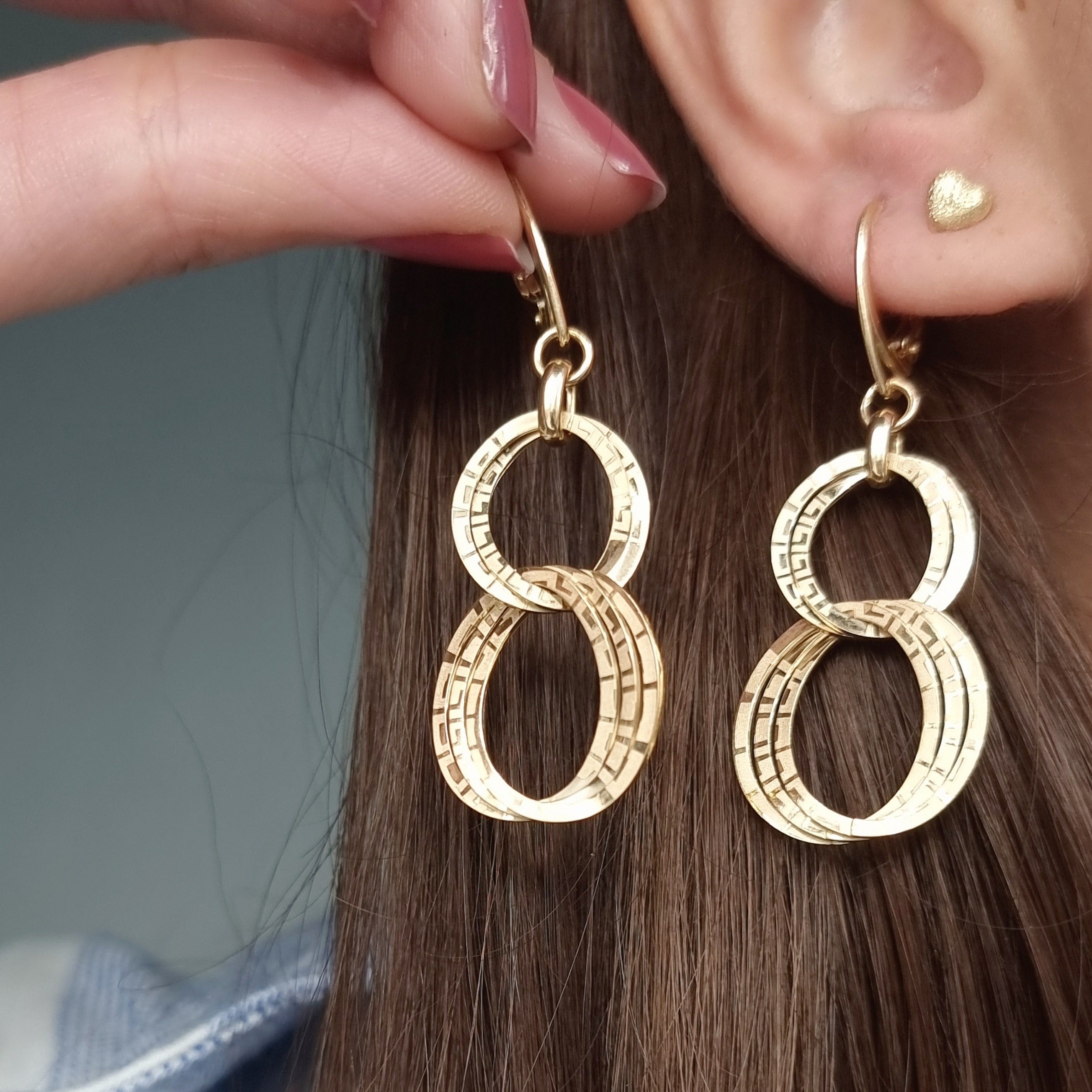 18K Pure Gold Round Hanging Earring Set