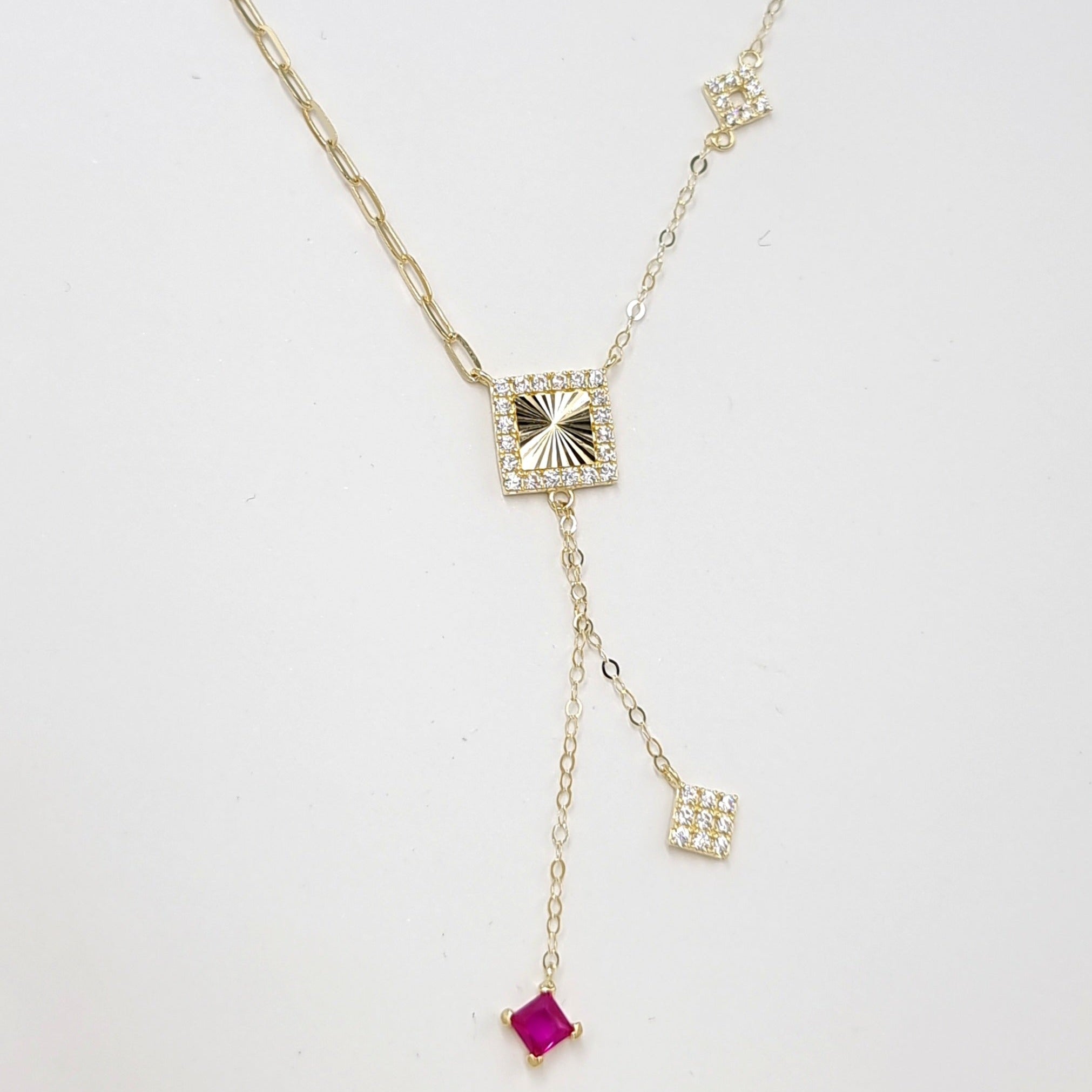 18K Pure Gold Square Pink Stone Necklace