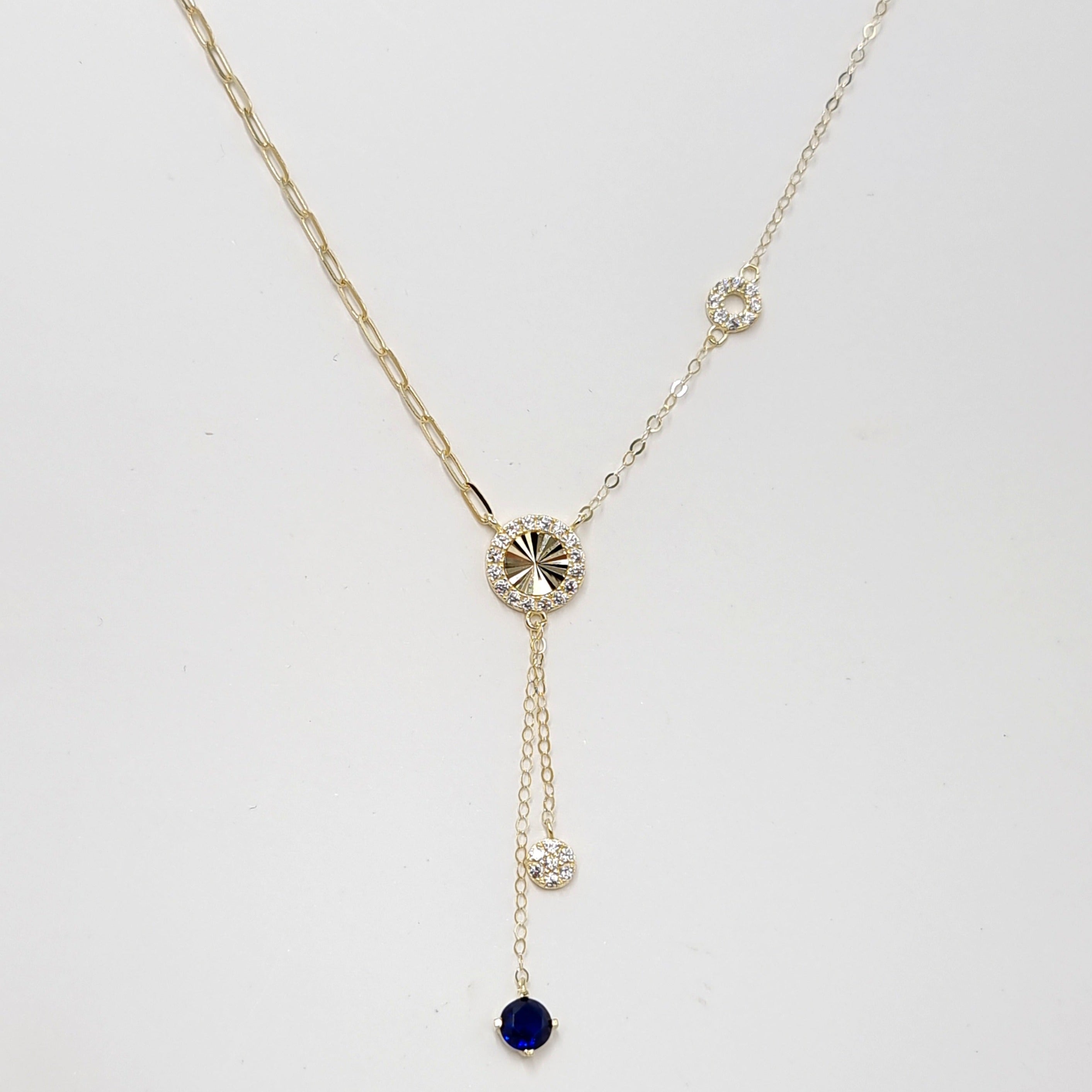 18K Pure Gold Round Blue Stone Necklace