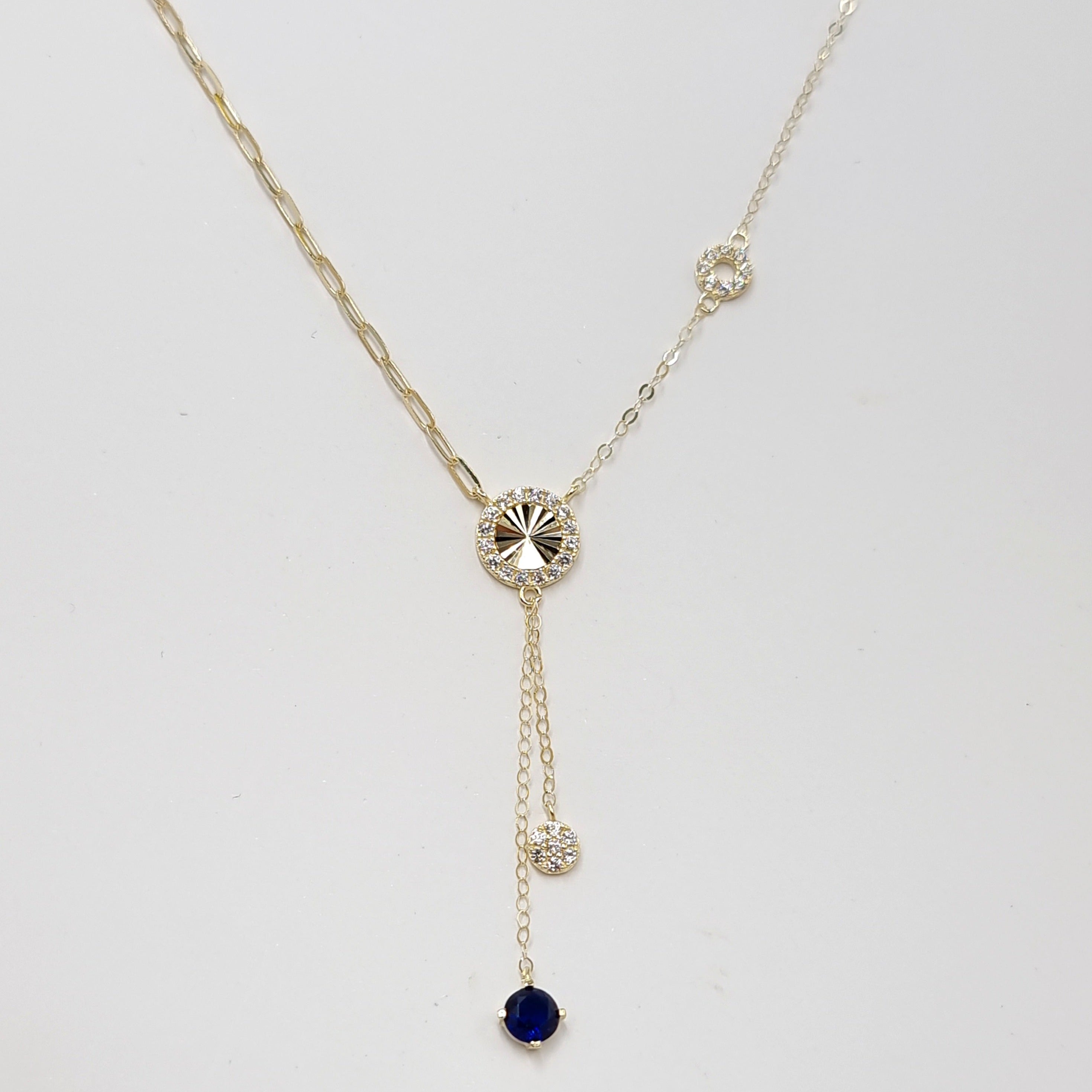 18K Pure Gold Round Blue Stone Necklace