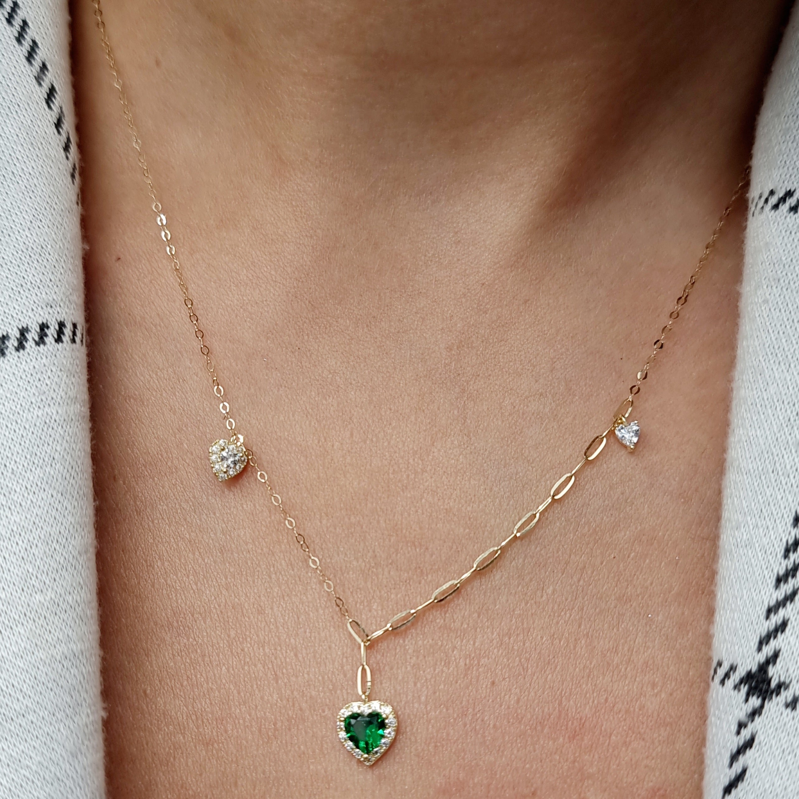 18K Pure Gold Heart Green Stone Necklace