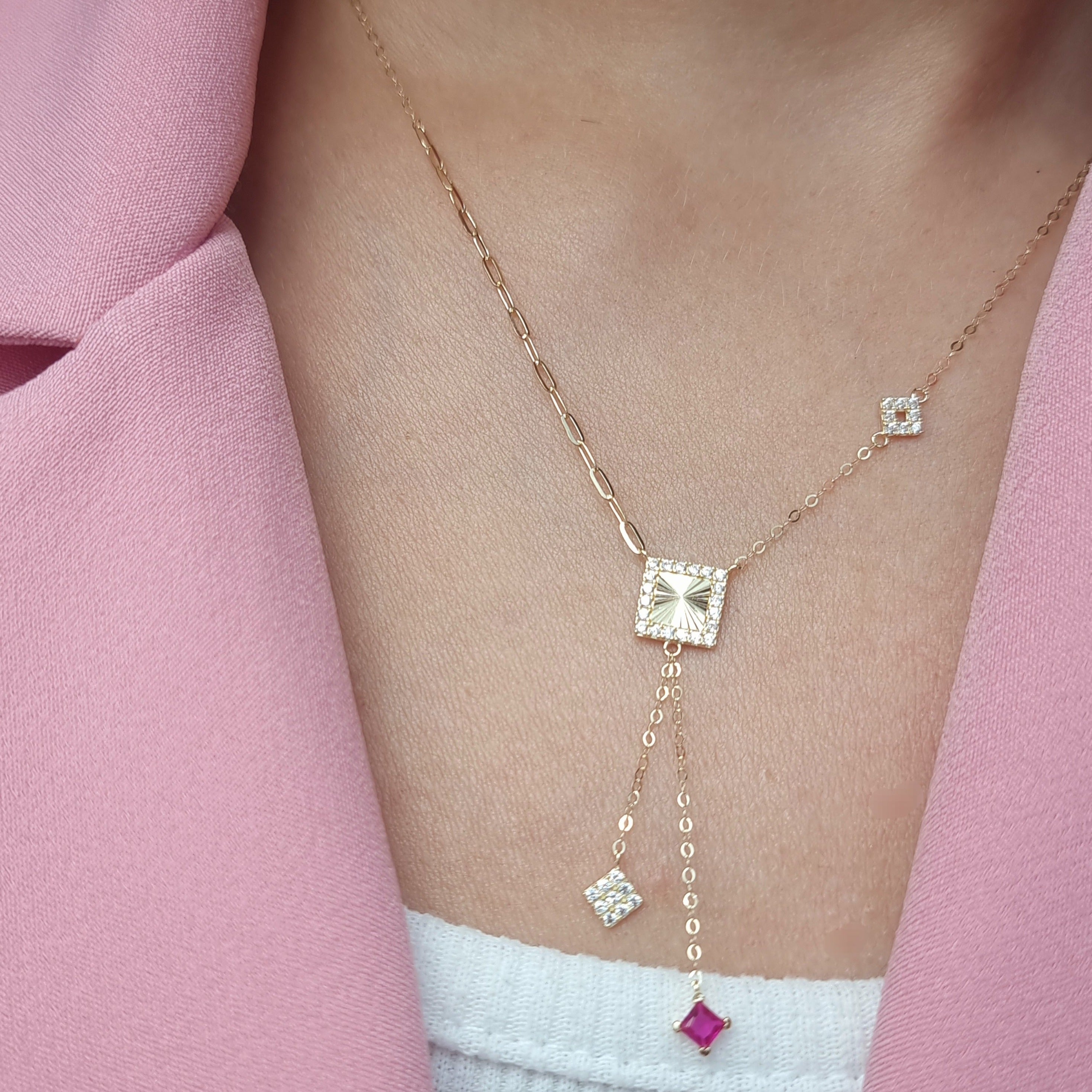 18K Pure Gold Square Pink Stone Necklace