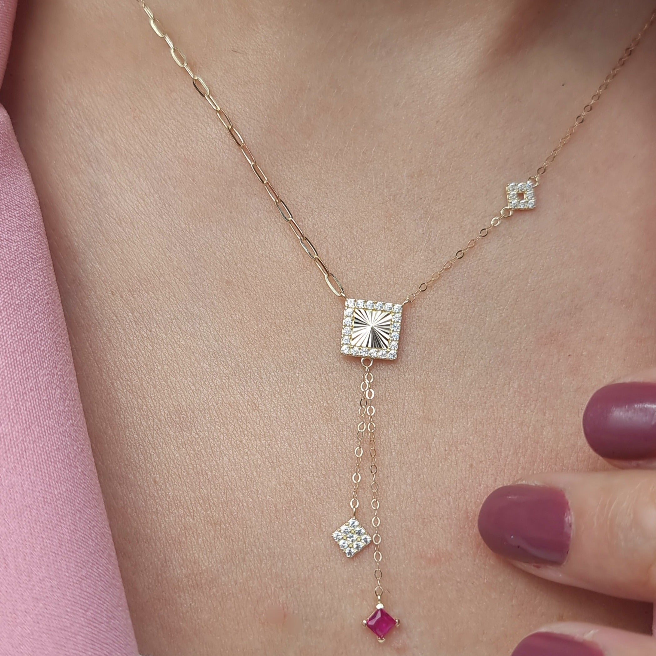 18K Pure Gold Square Pink Stone Necklace