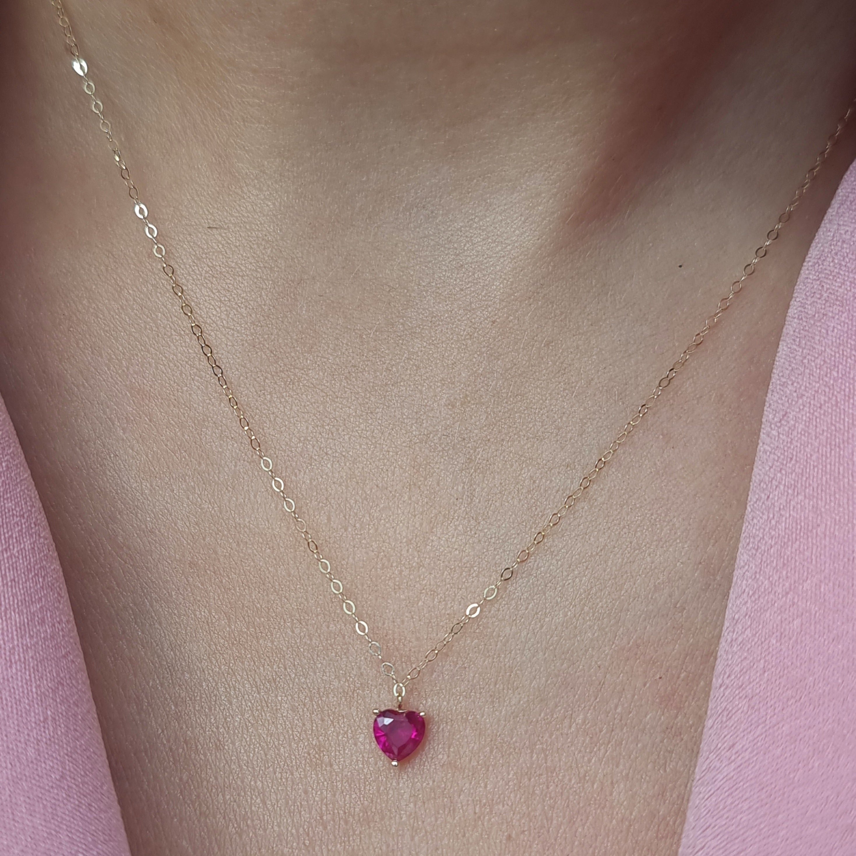 18K Pure Gold Heart Pink Stone Necklace