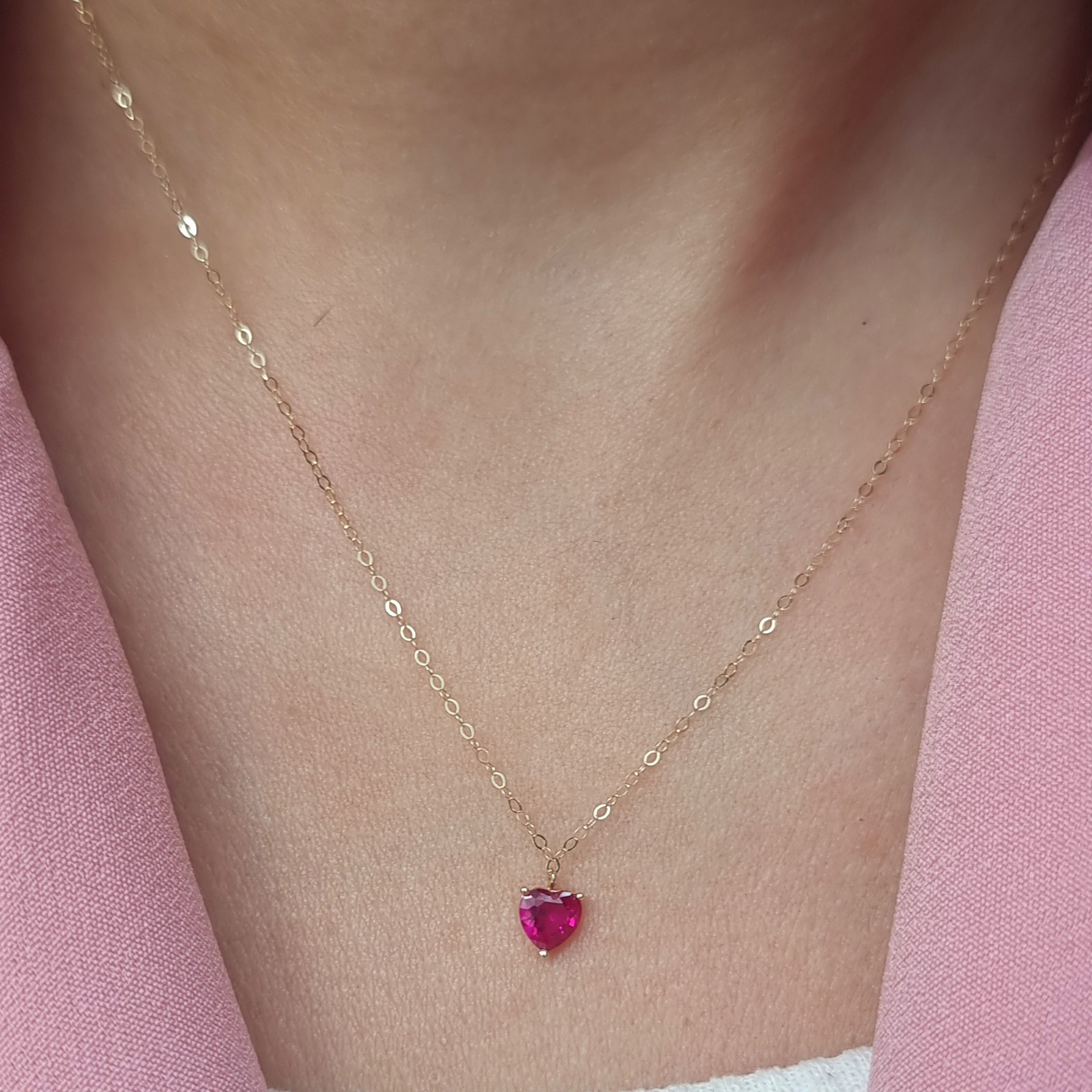 18K Pure Gold Heart Pink Stone Necklace