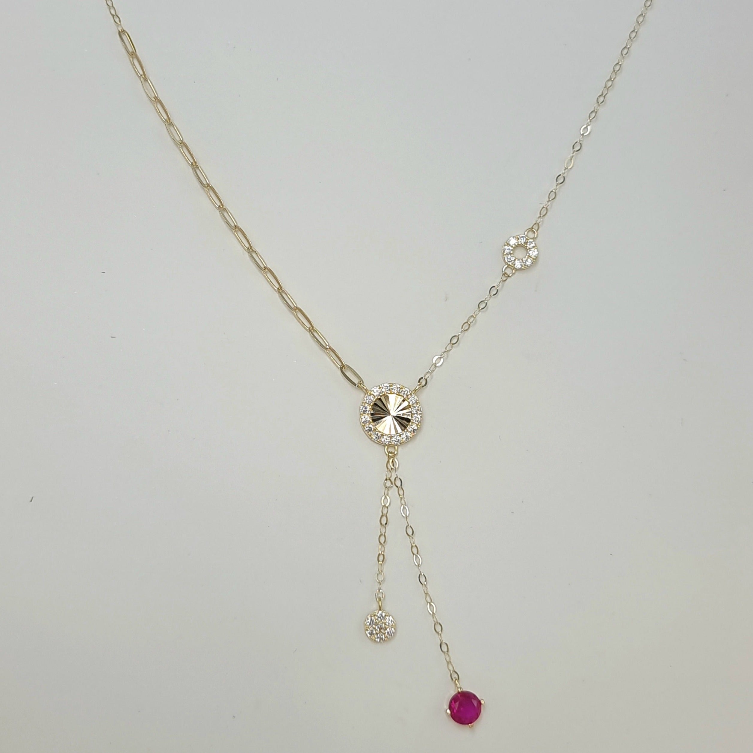 18K Pure Gold Round Pink Stone Necklace