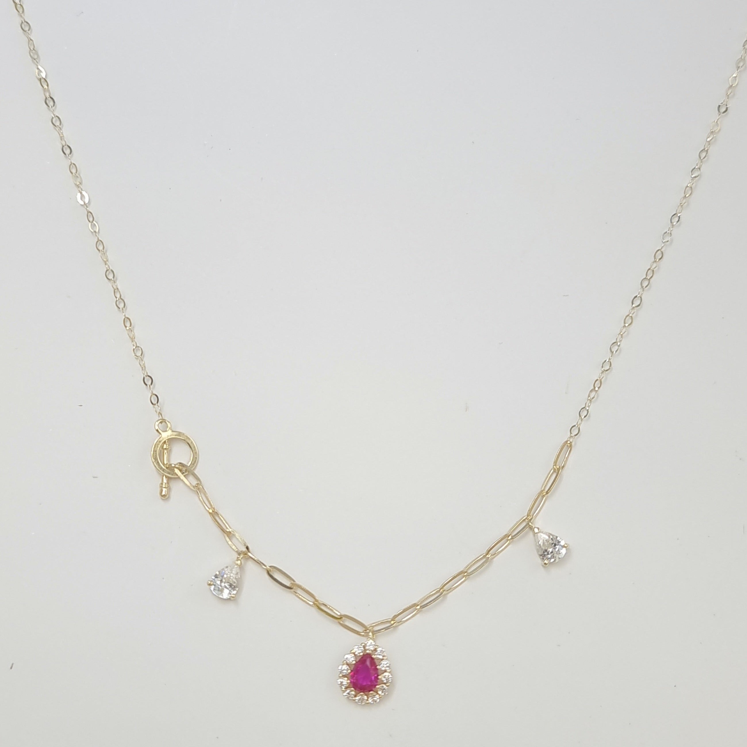 18K Pure Gold Drop Design Pink Stone Necklace