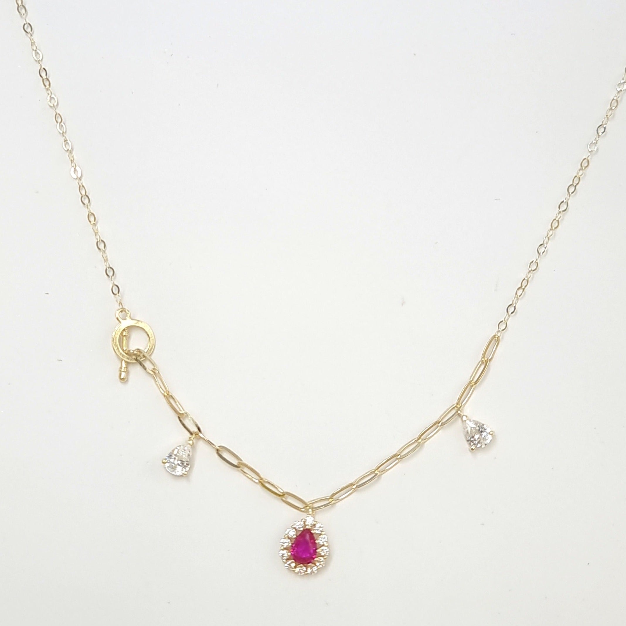 18K Pure Gold Drop Design Pink Stone Necklace