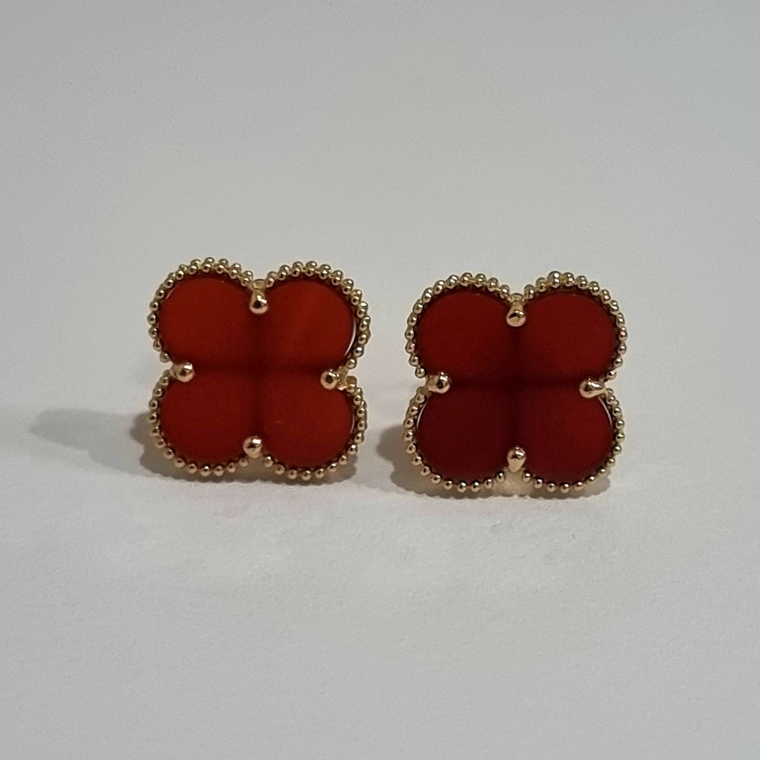 18K Pure Gold Red Flower Earring Set