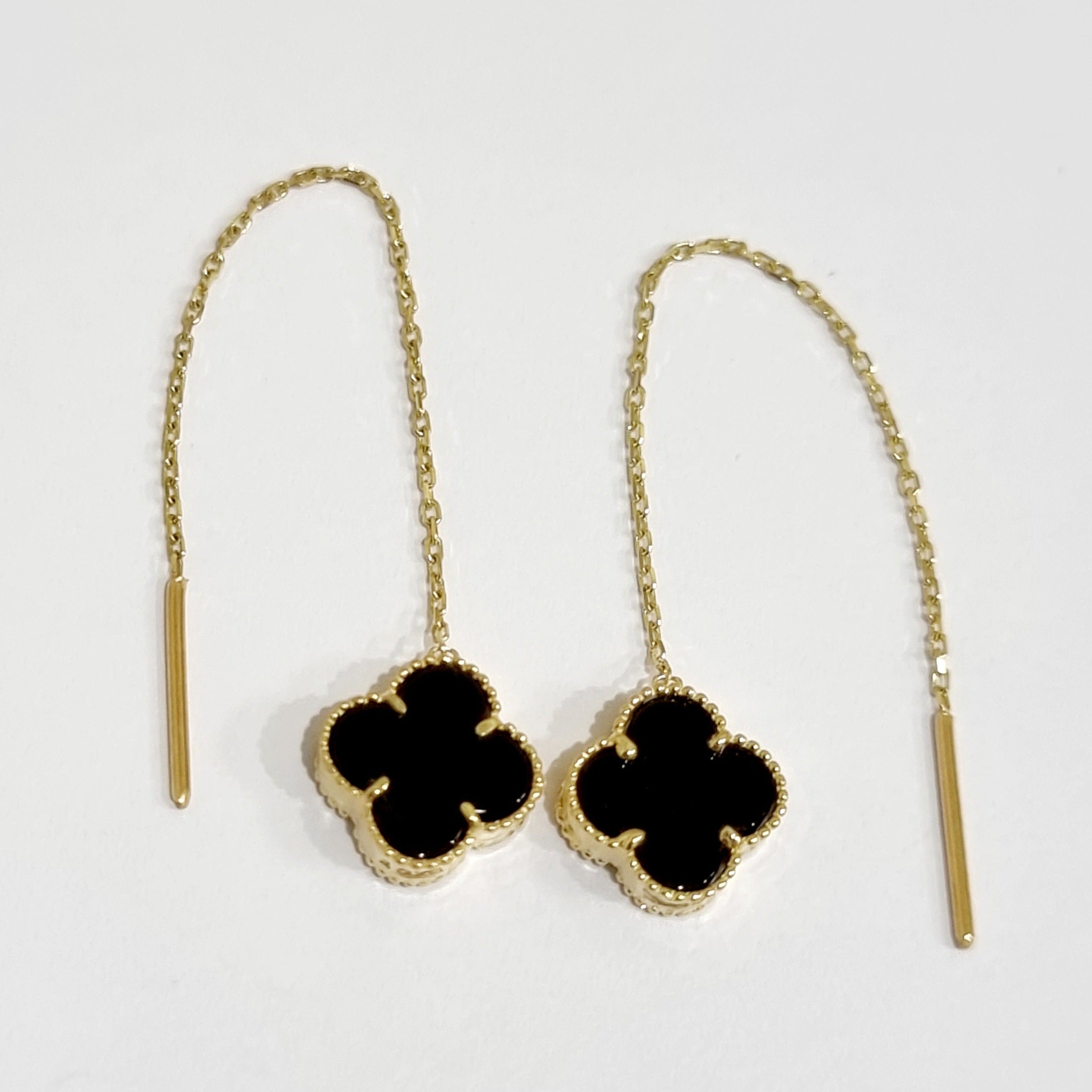 18K Pure Gold Dangling Black Flower Earring Set