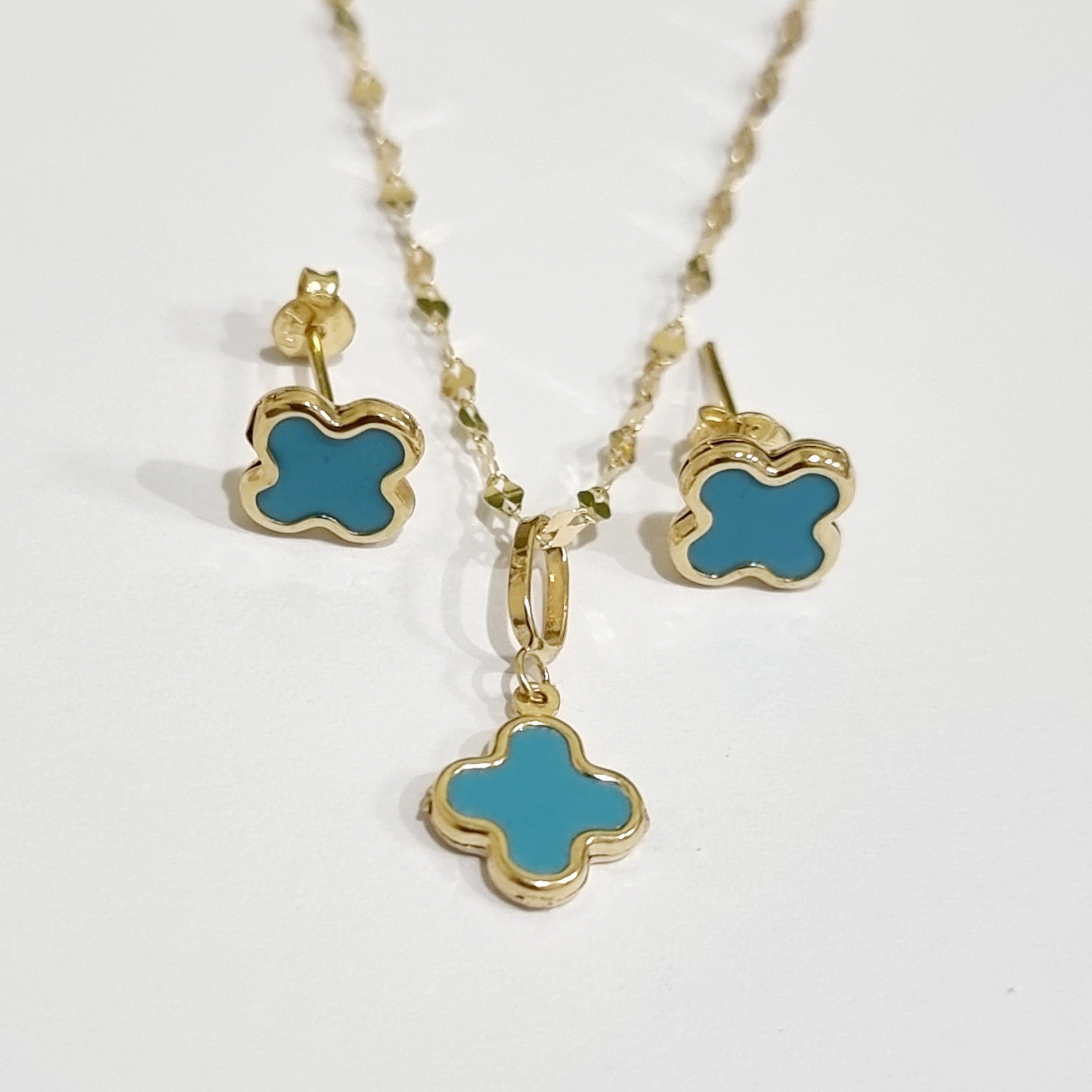 18K Pure Gold Sky Blue Flower Jewelry Set