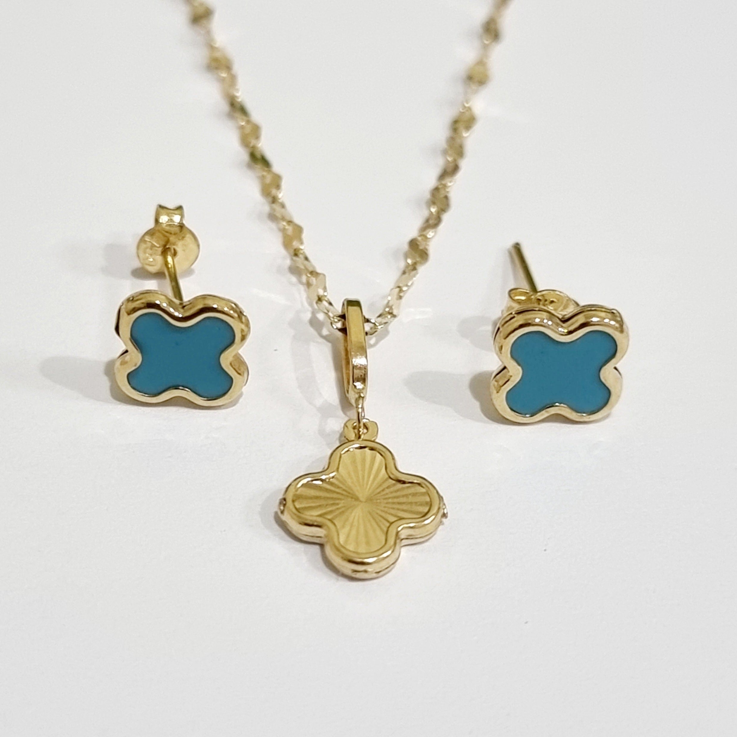 18K Pure Gold Sky Blue Flower Jewelry Set