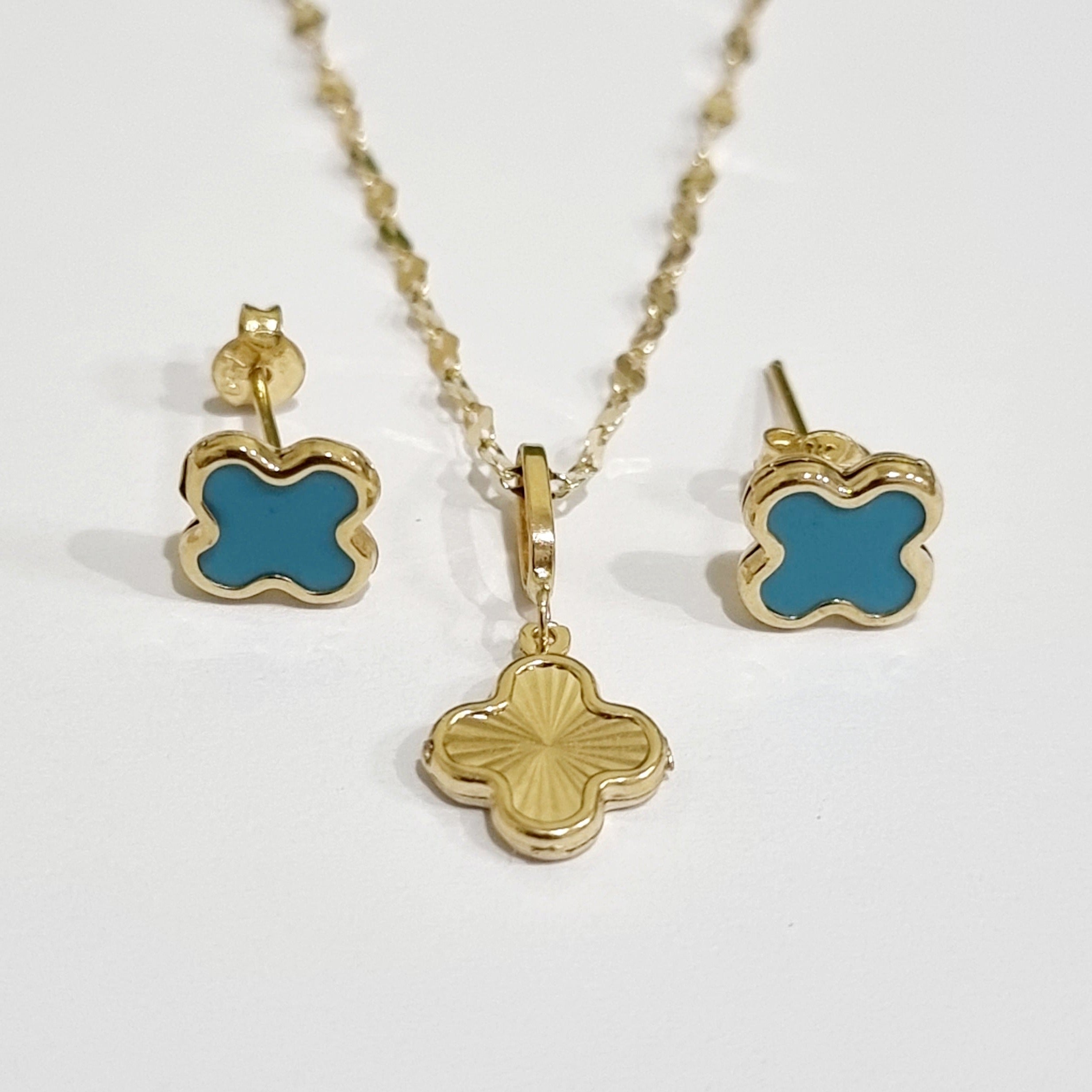 18K Pure Gold Sky Blue Flower Jewelry Set