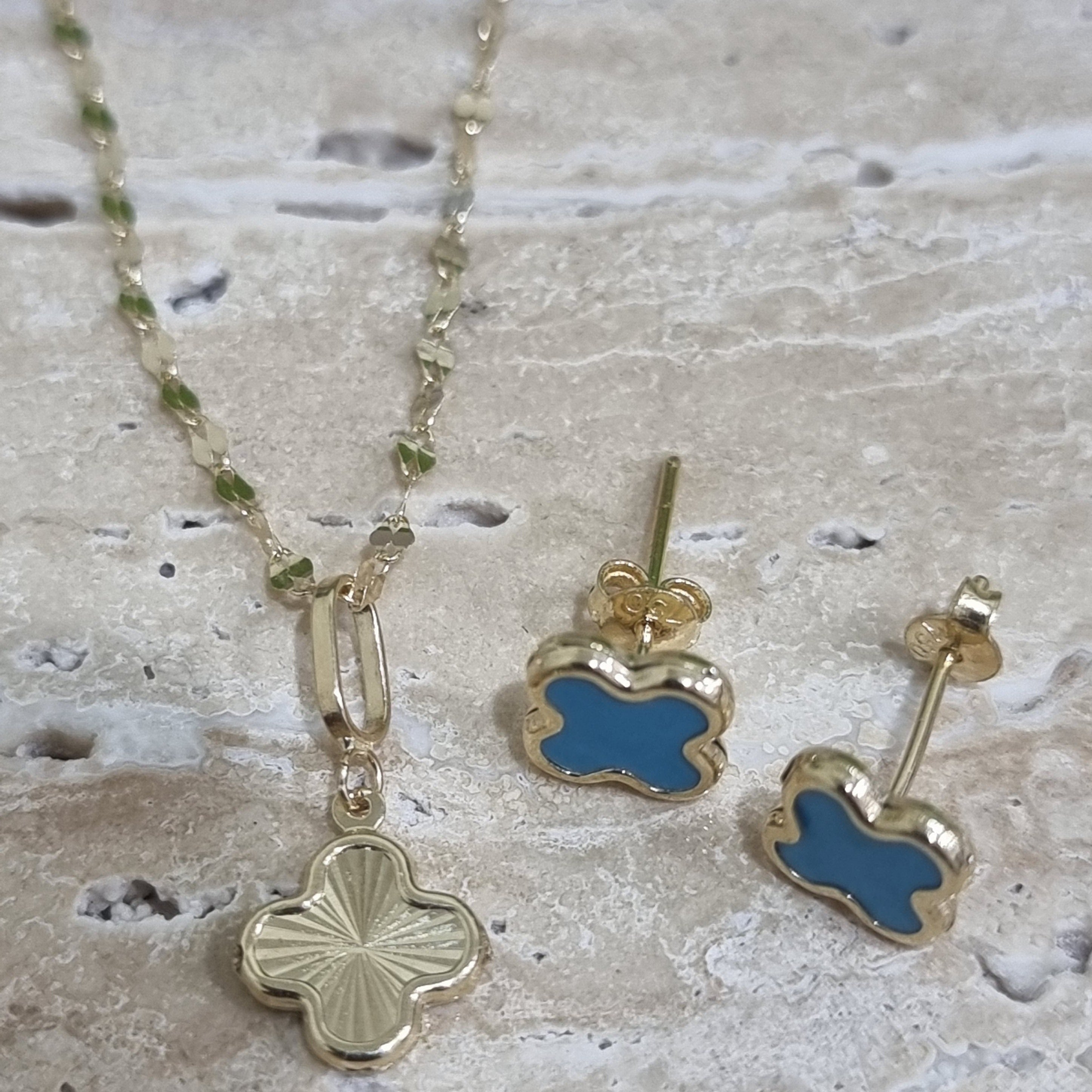 18K Pure Gold Sky Blue Flower Jewelry Set