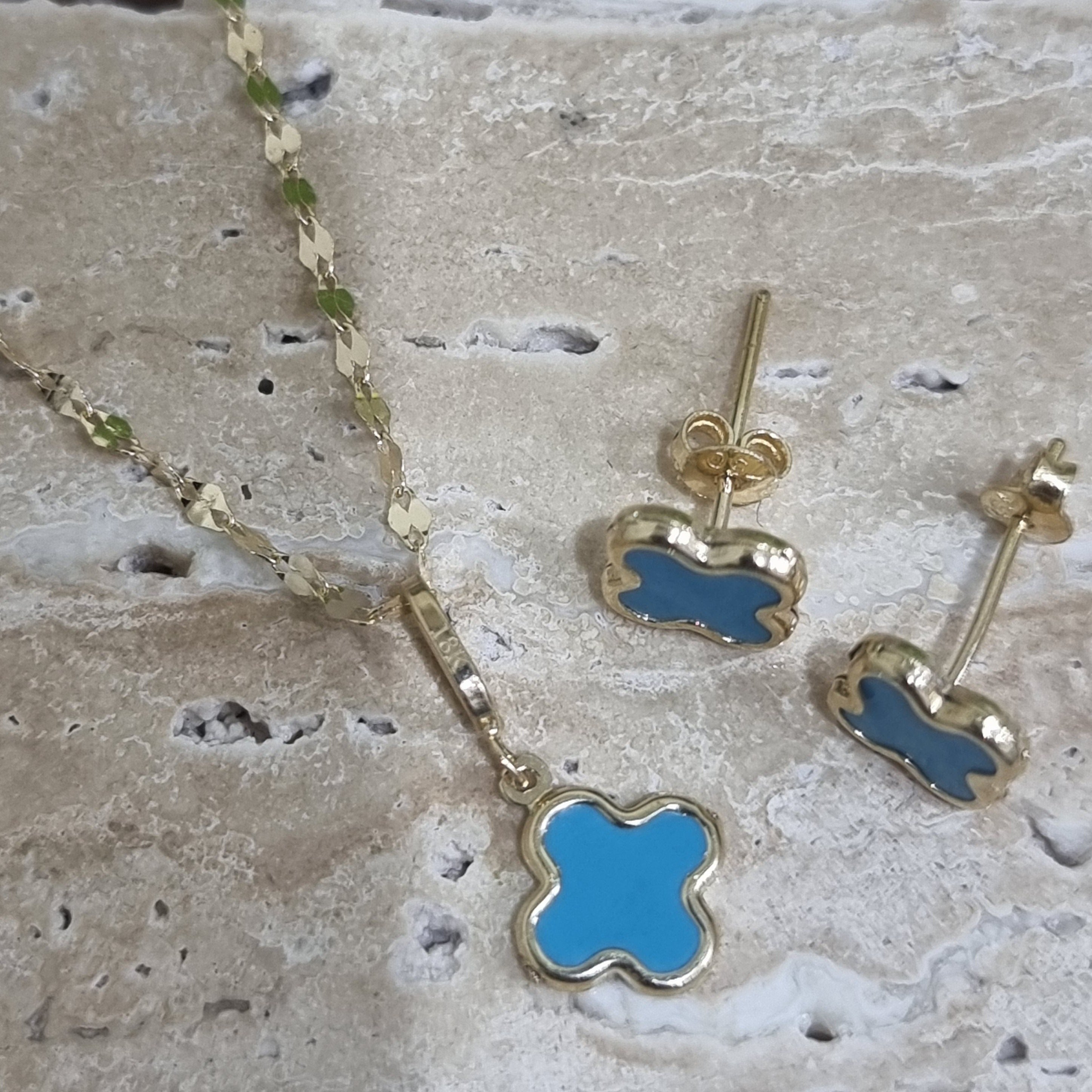 18K Pure Gold Sky Blue Flower Jewelry Set