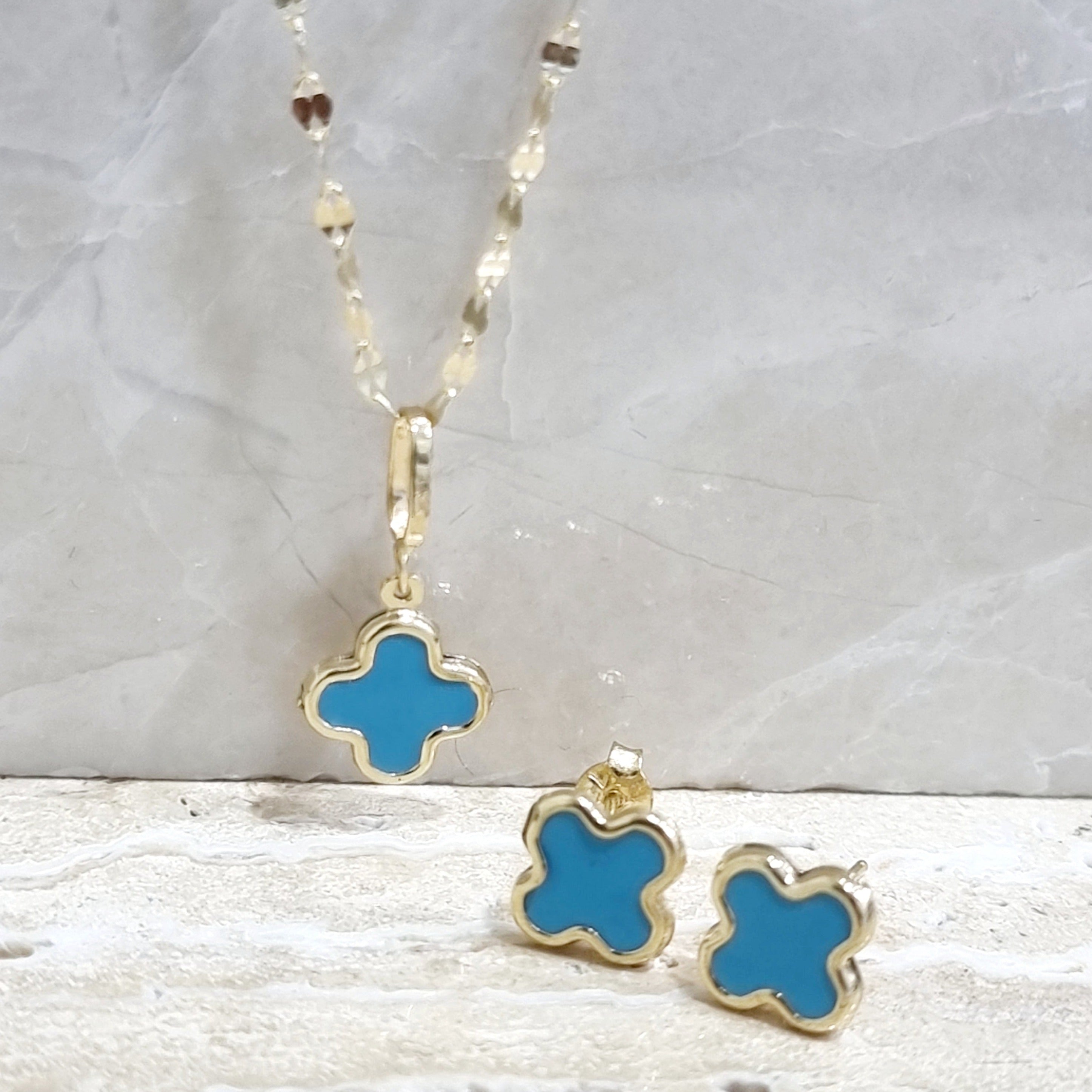 18K Pure Gold Sky Blue Flower Jewelry Set