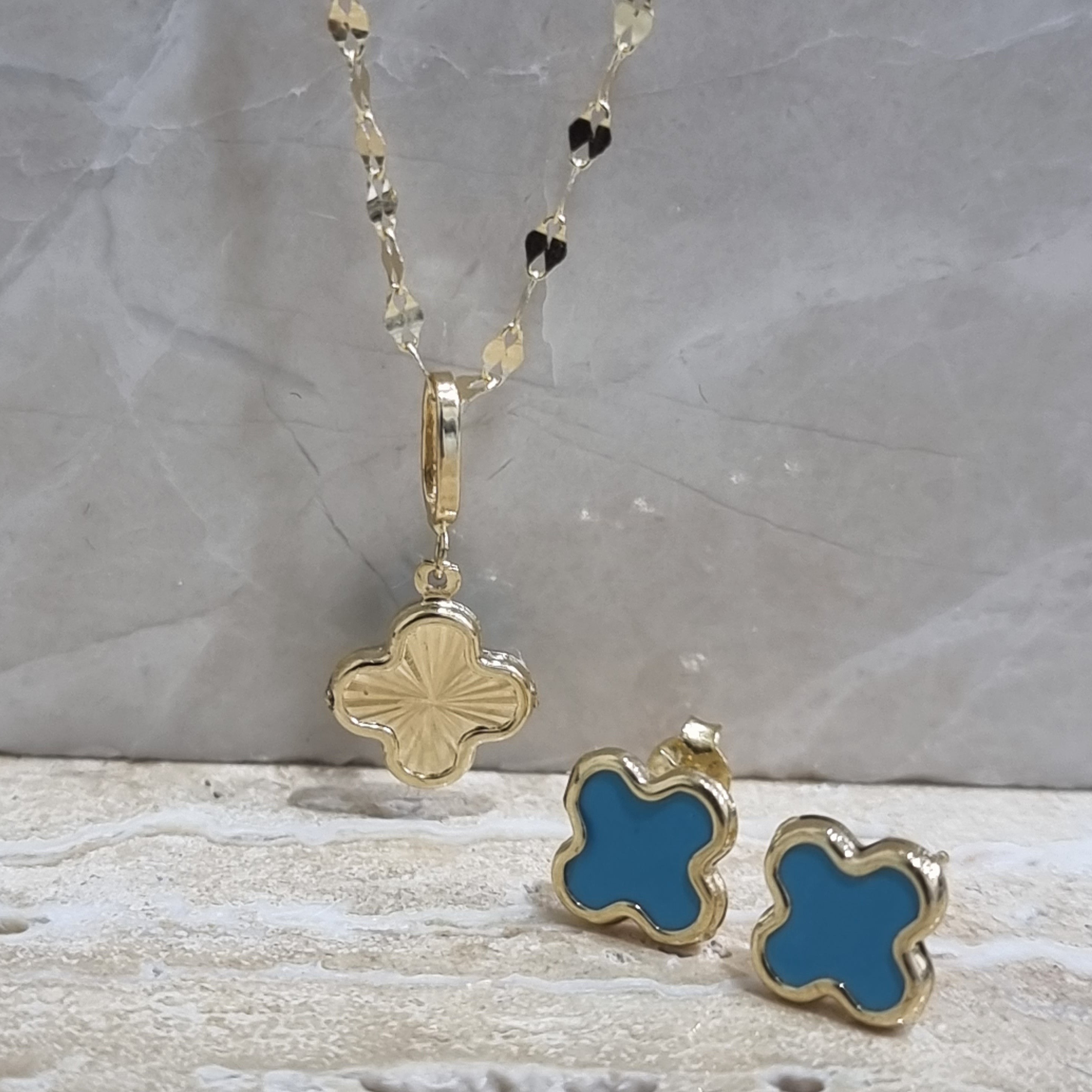 18K Pure Gold Sky Blue Flower Jewelry Set