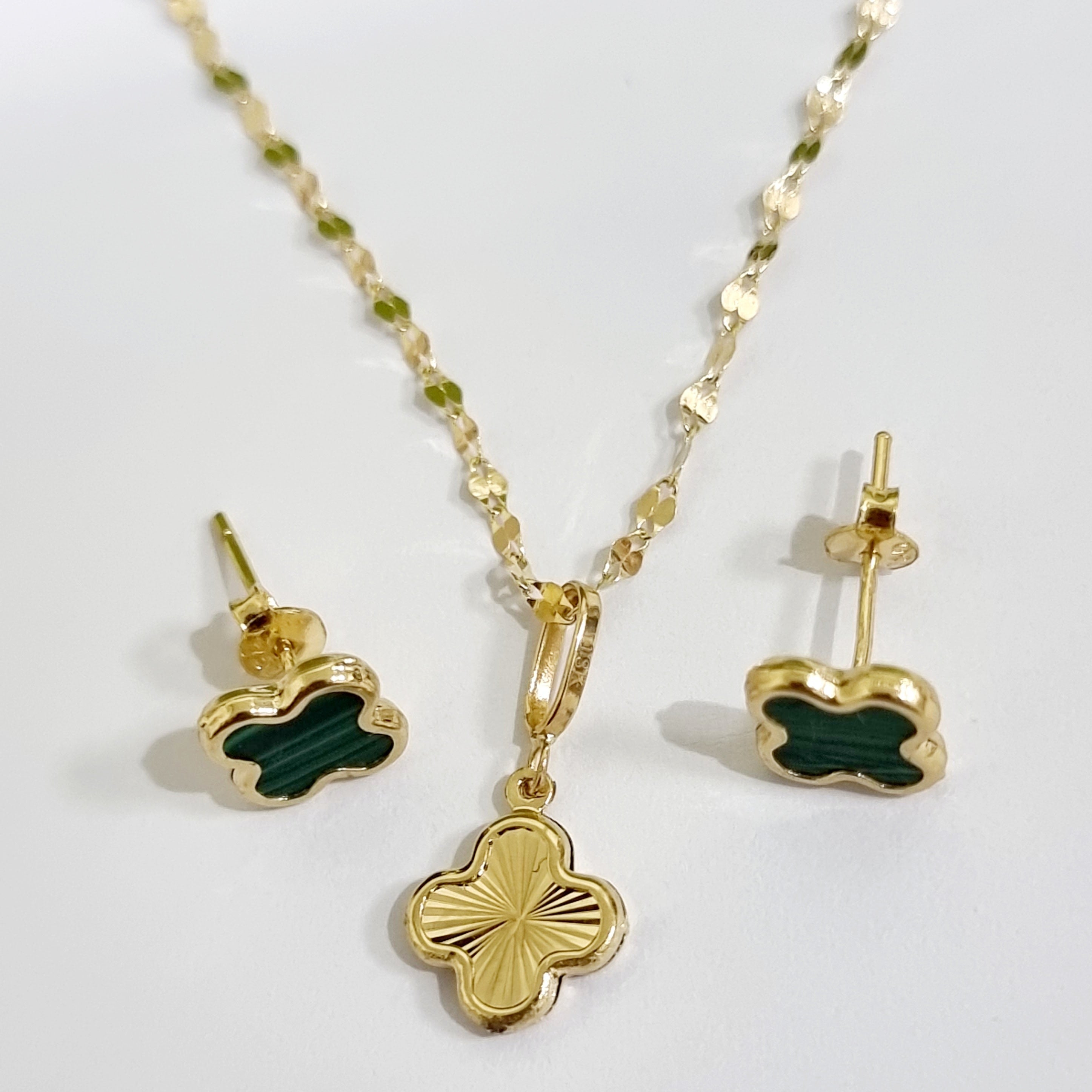 18K Pure Gold Green Flower Jewelry Set