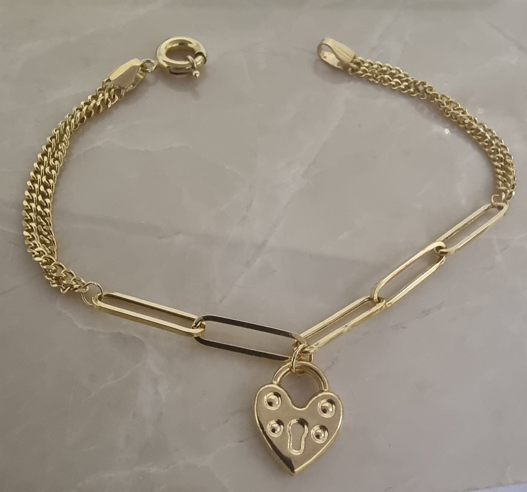 18K Pure Gold Elegant Link Heart Lock Bracelet