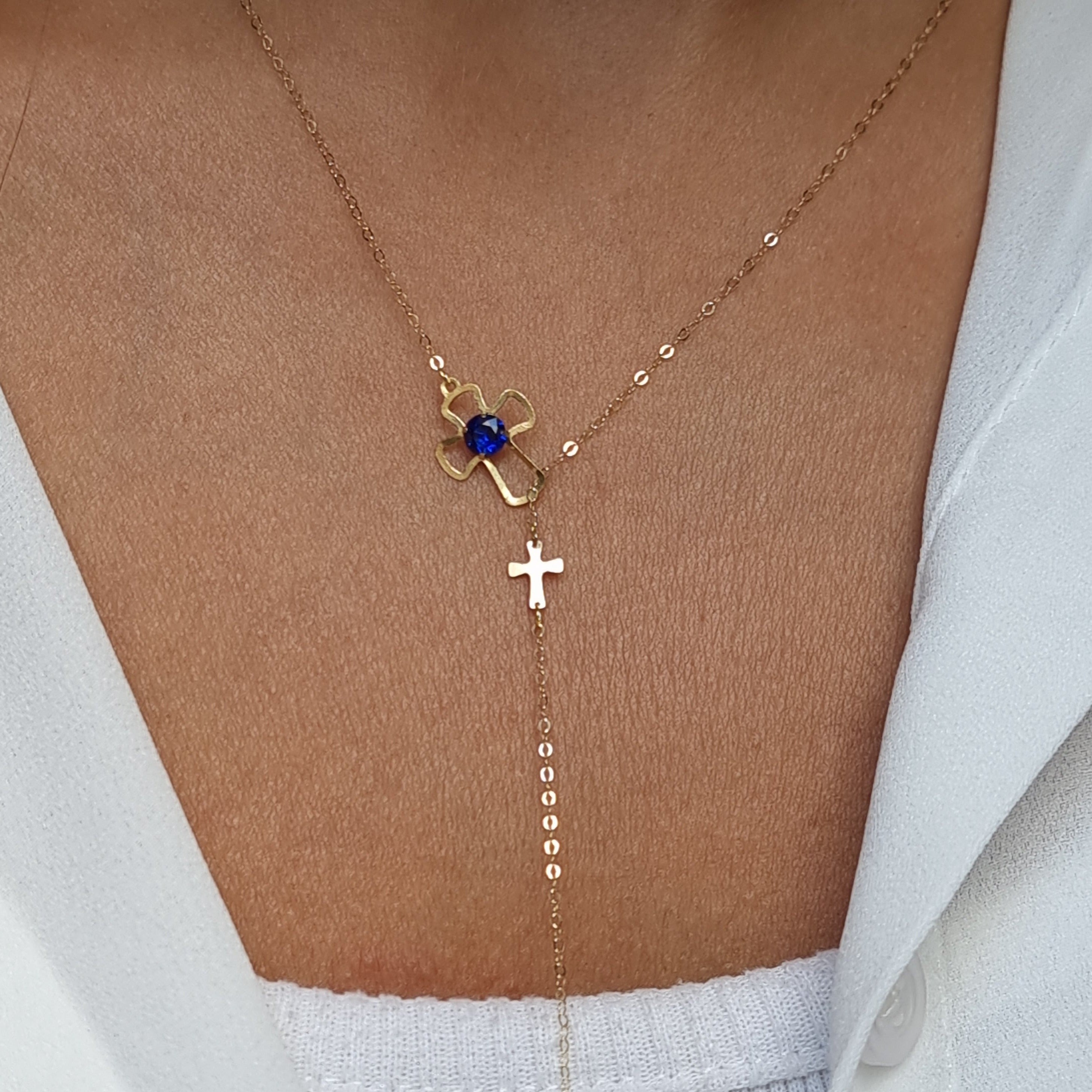 18K Pure Gold Blue Stone Cross Necklace