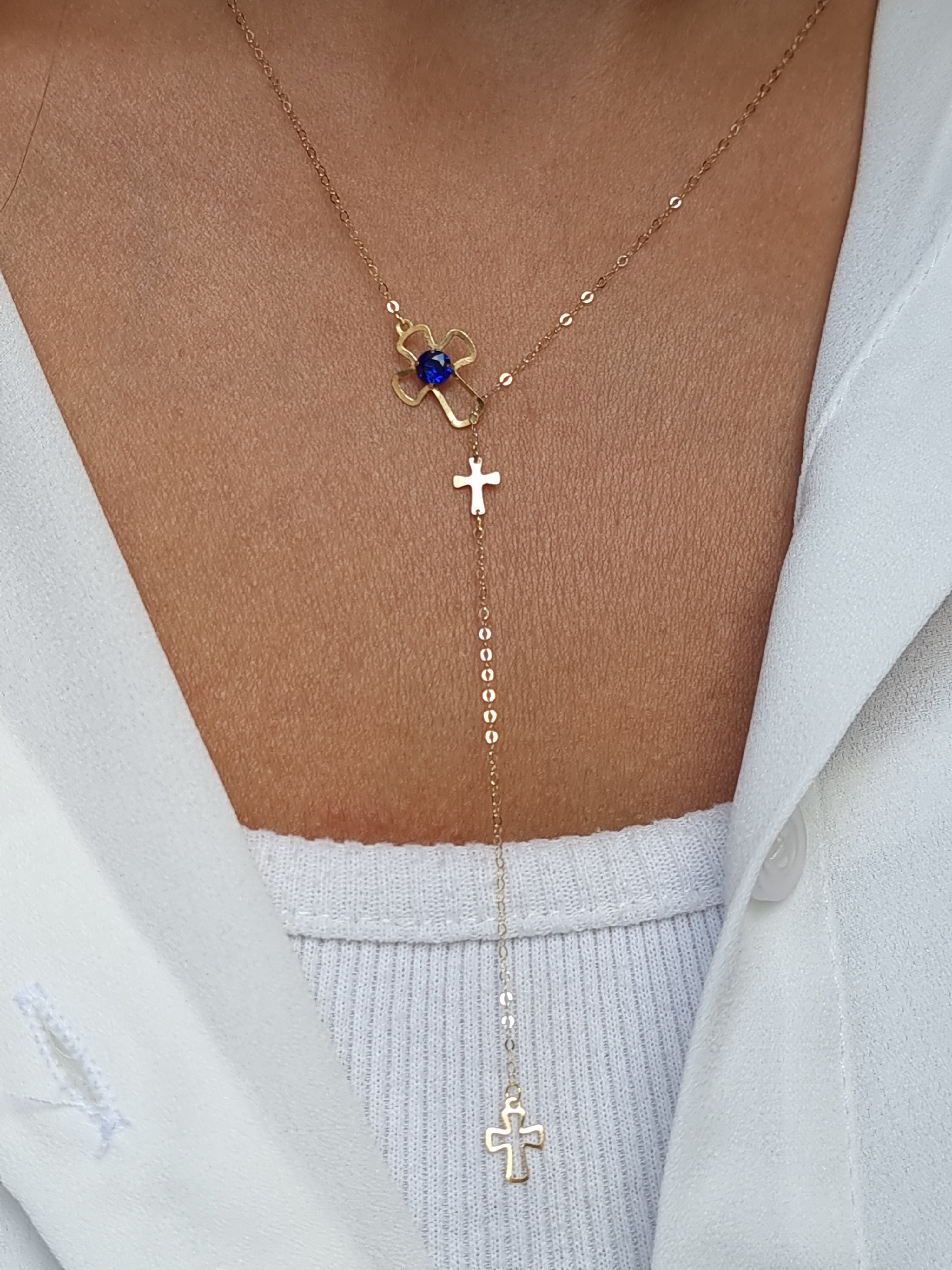 18K Pure Gold Blue Stone Cross Necklace