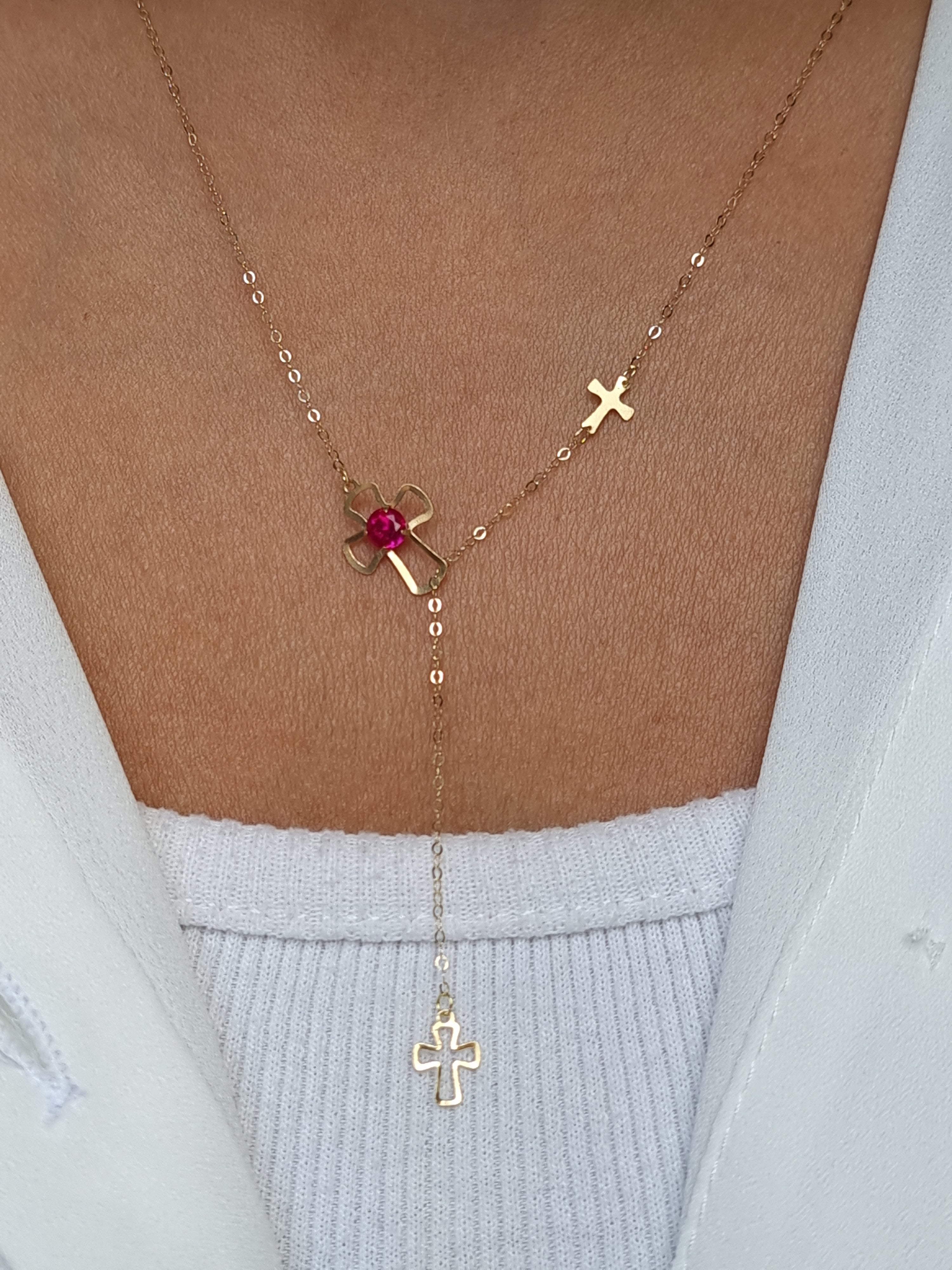 18K Pure Gold Red Stone Cross Necklace