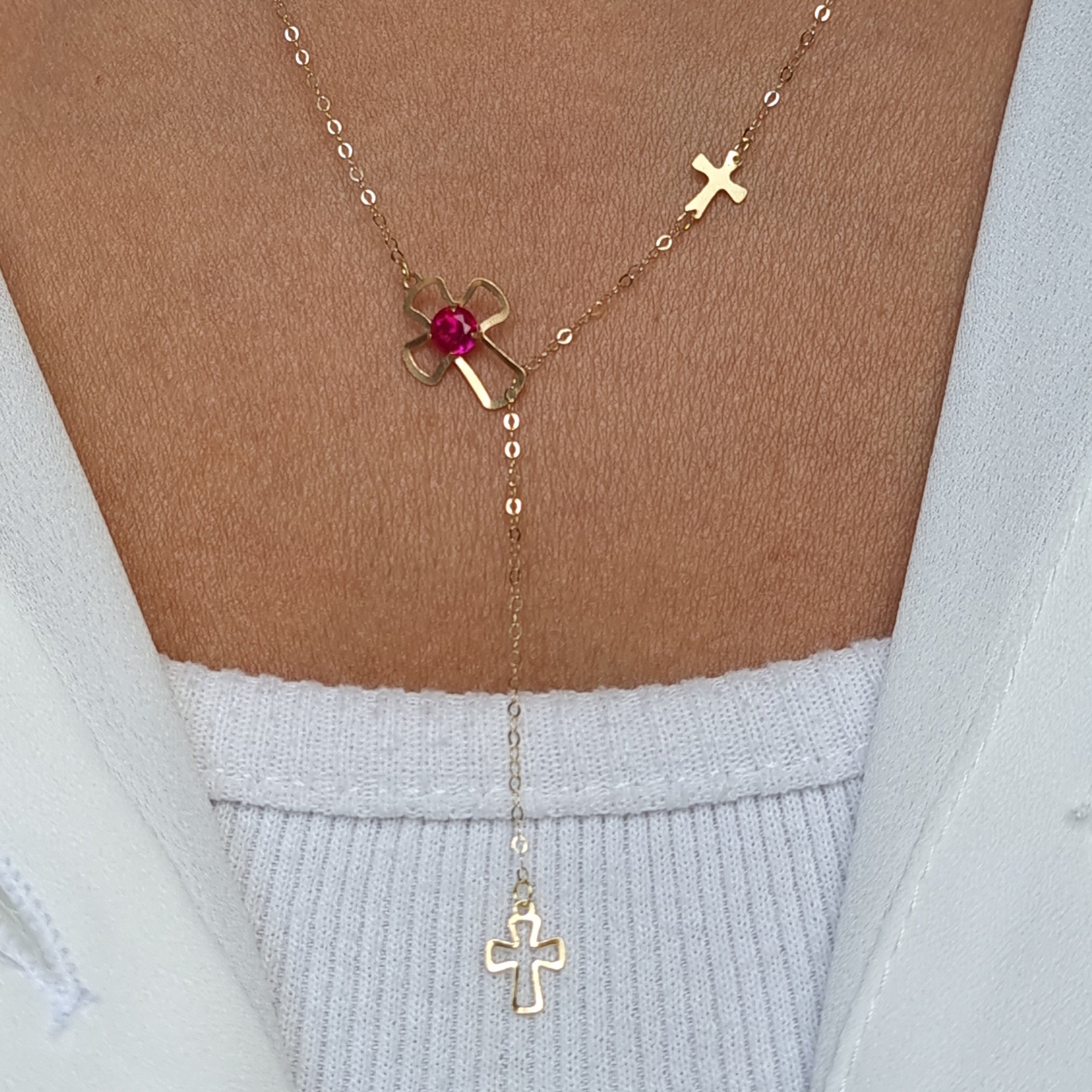 18K Pure Gold Red Stone Cross Necklace