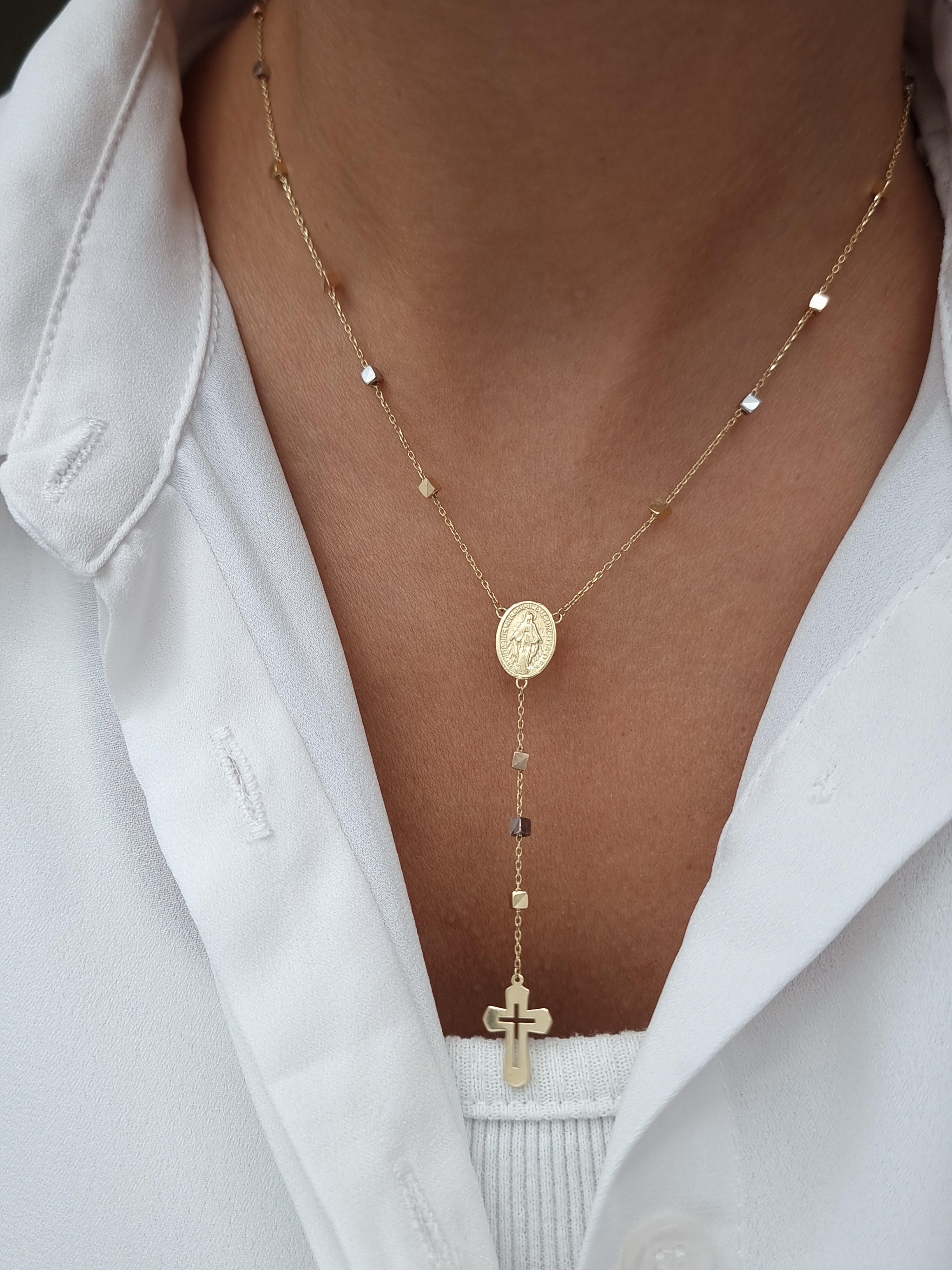 18K Pure Gold Cross Mama Mary Necklace