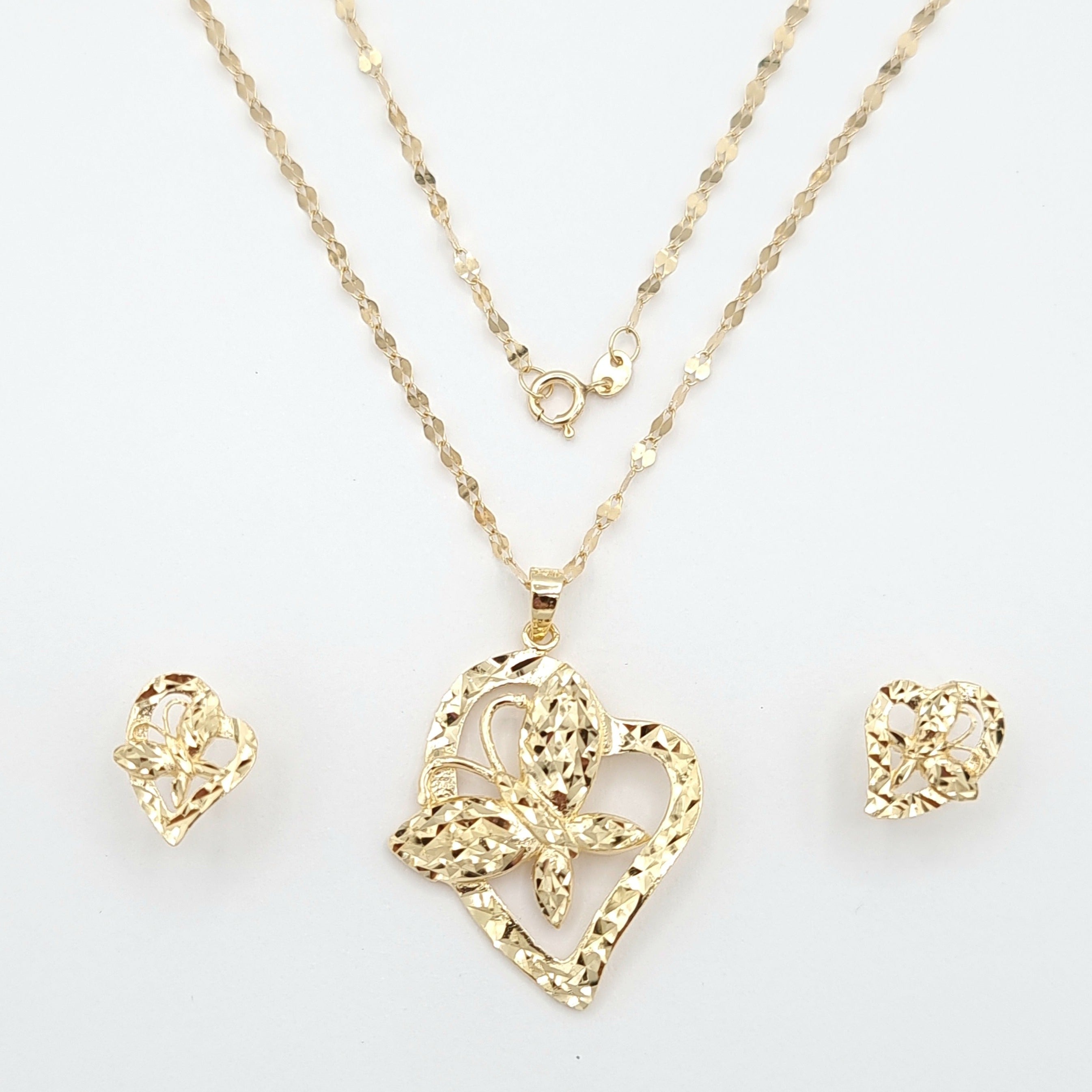 18K Pure Gold Butterfly Heart Jewelry Set