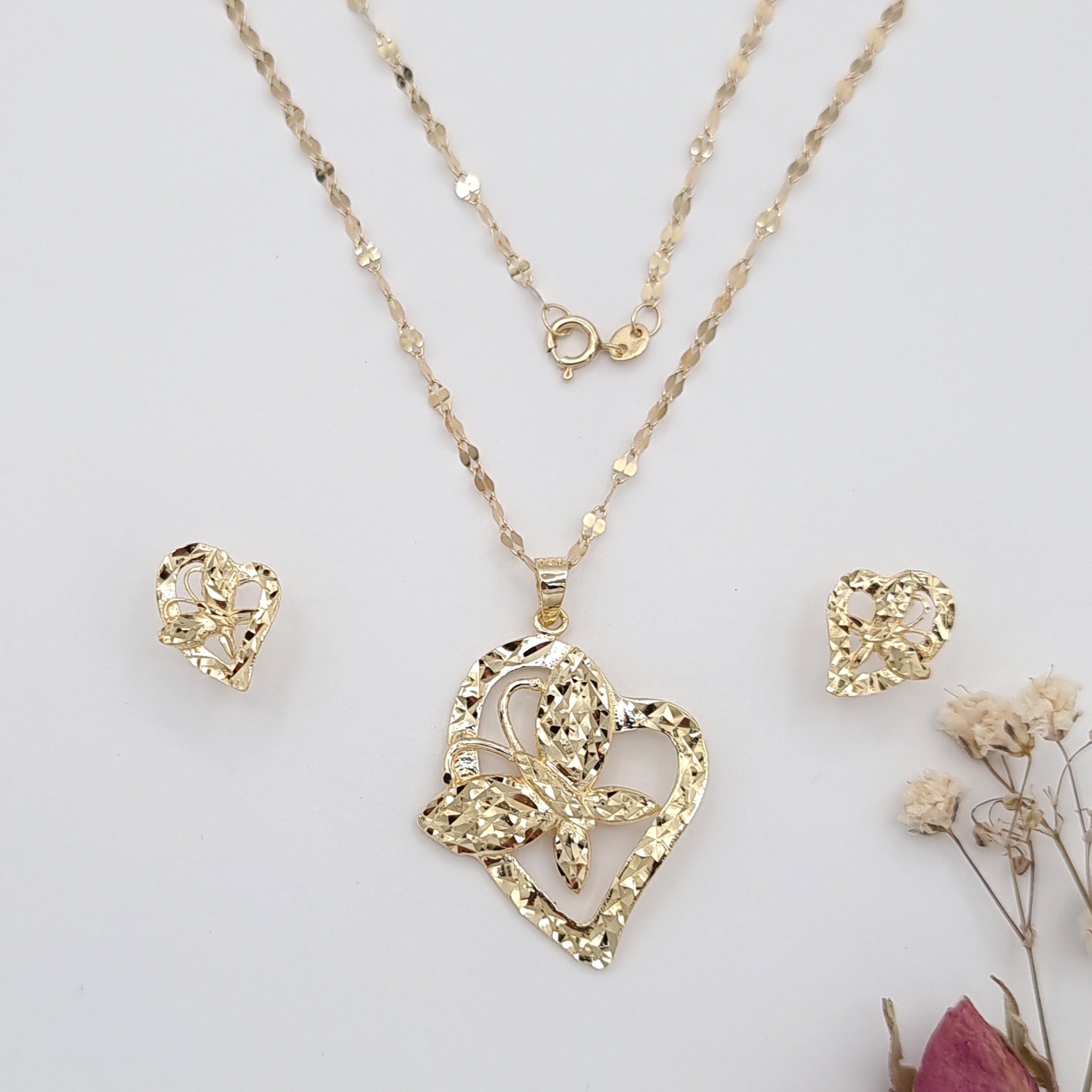 18K Pure Gold Butterfly Heart Jewelry Set