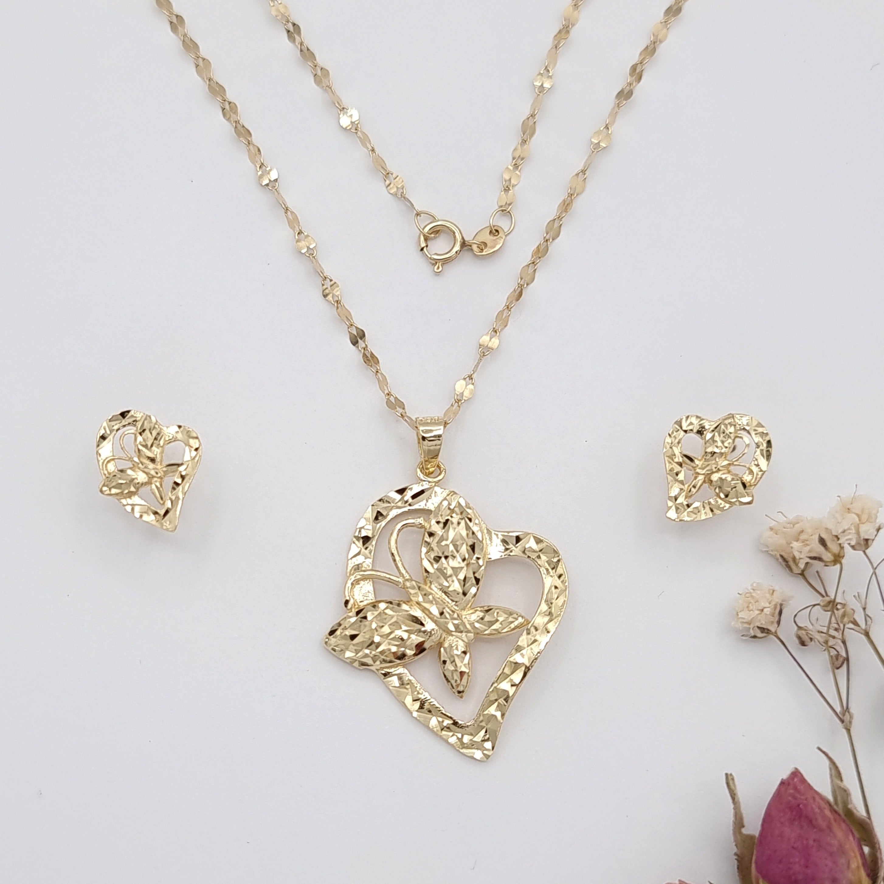 18K Pure Gold Butterfly Heart Jewelry Set