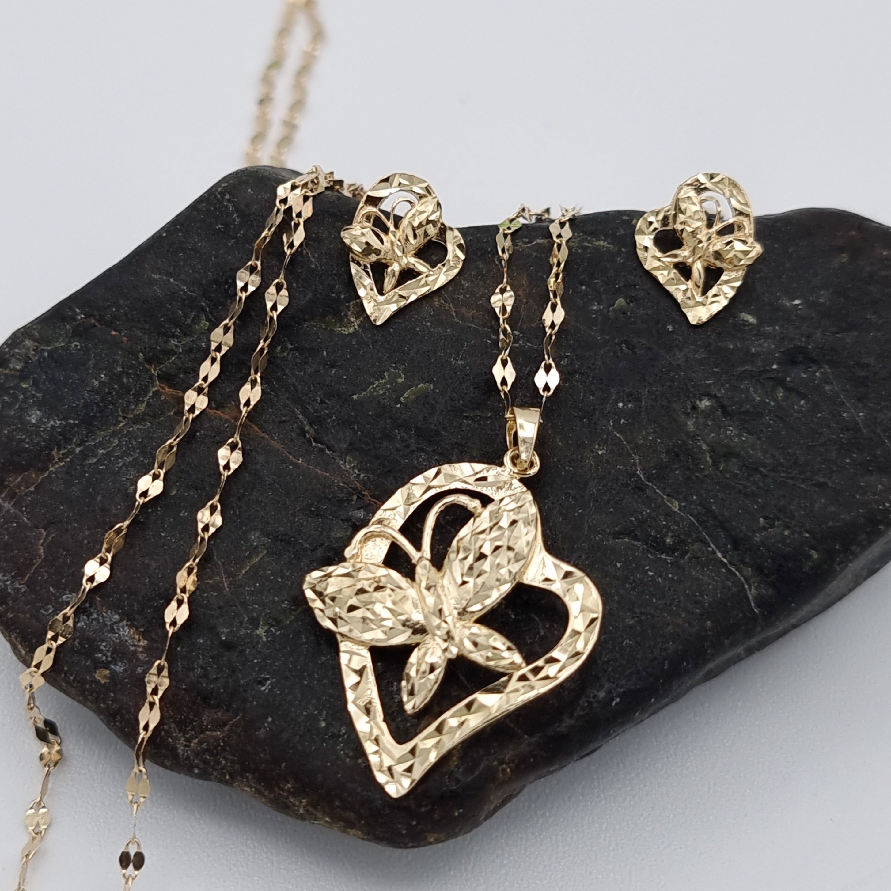 18K Pure Gold Butterfly Heart Jewelry Set