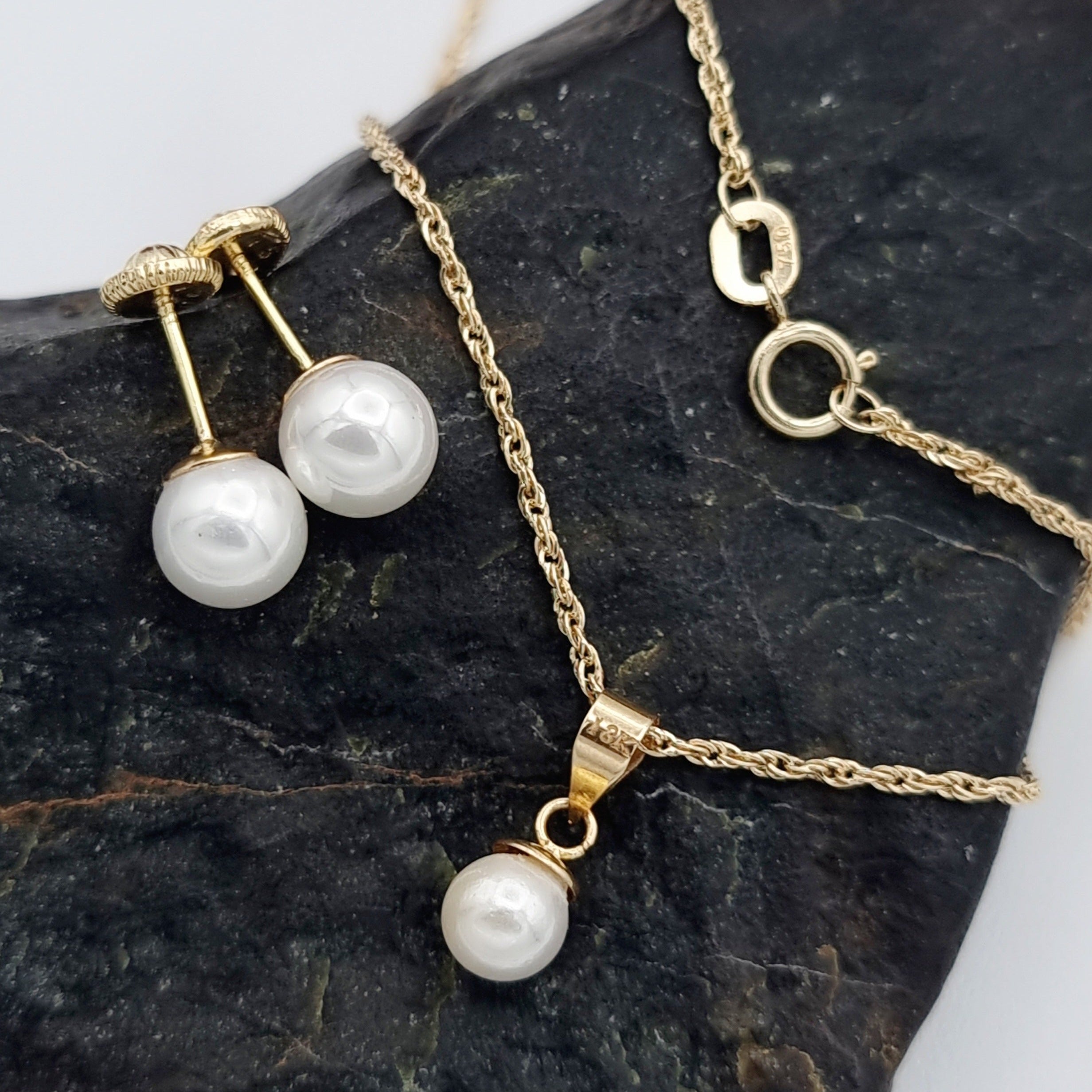 18K Pure Gold Pearl Jewelry Set