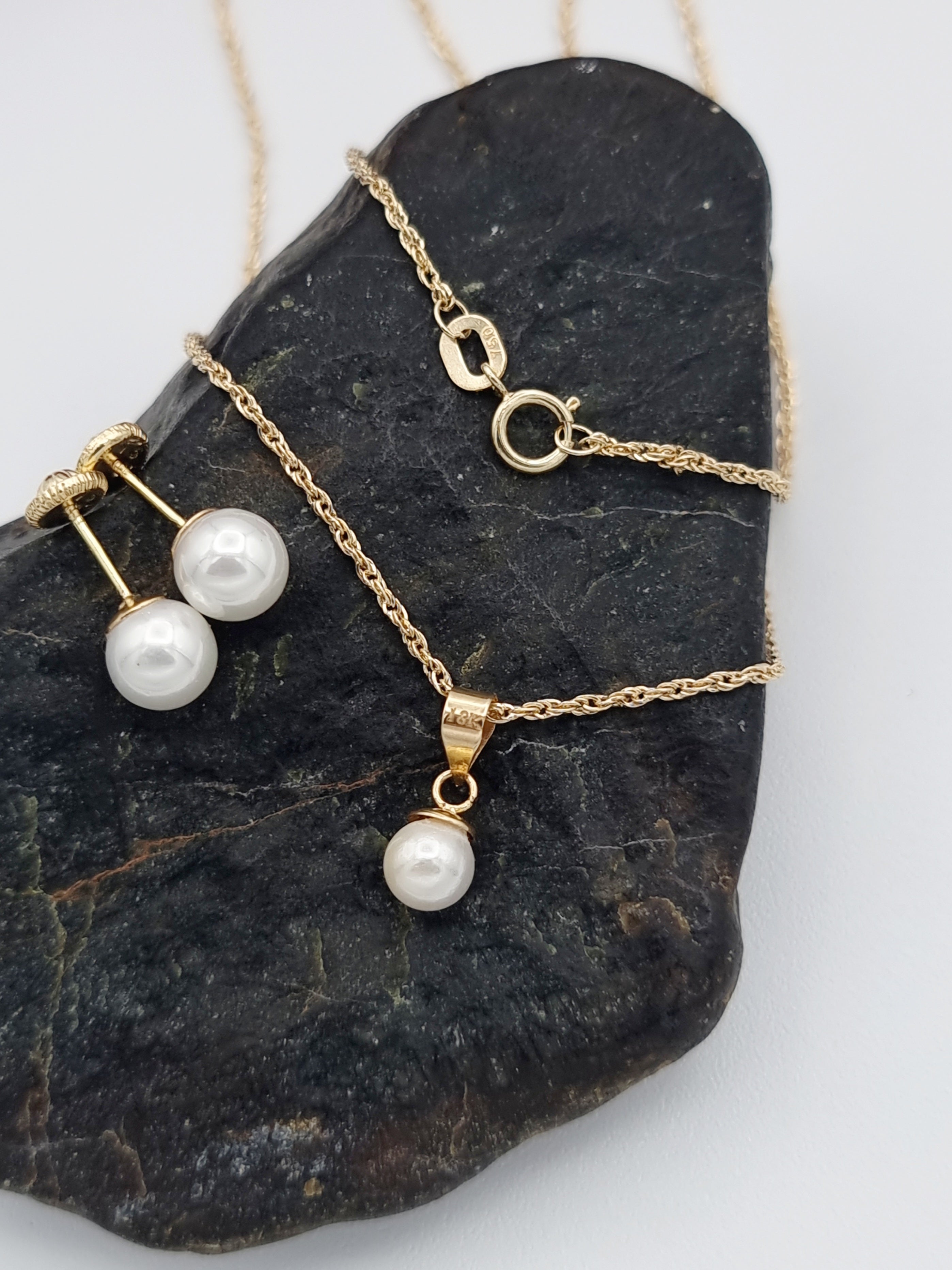 18K Pure Gold Pearl Jewelry Set