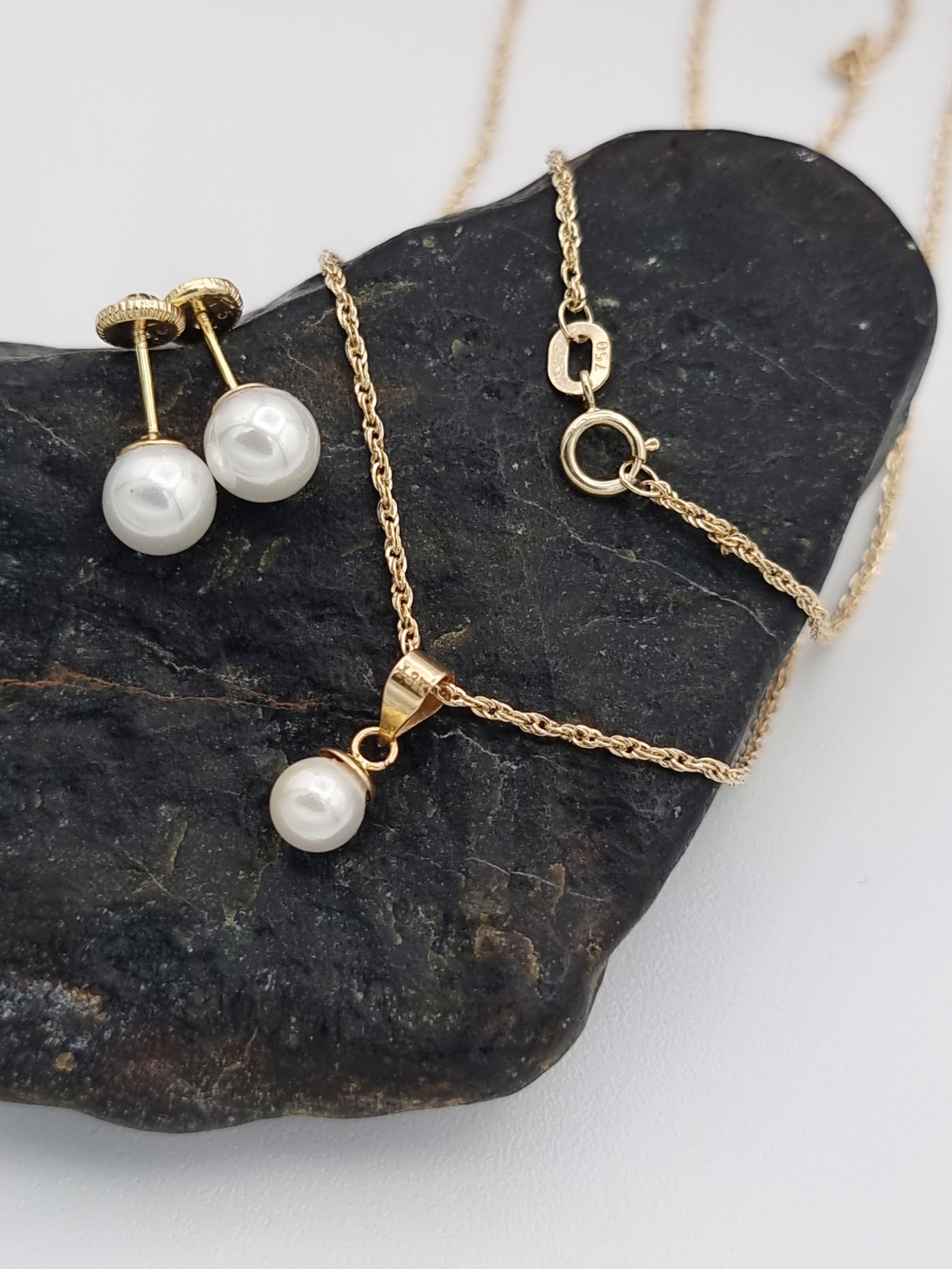 18K Pure Gold Pearl Jewelry Set