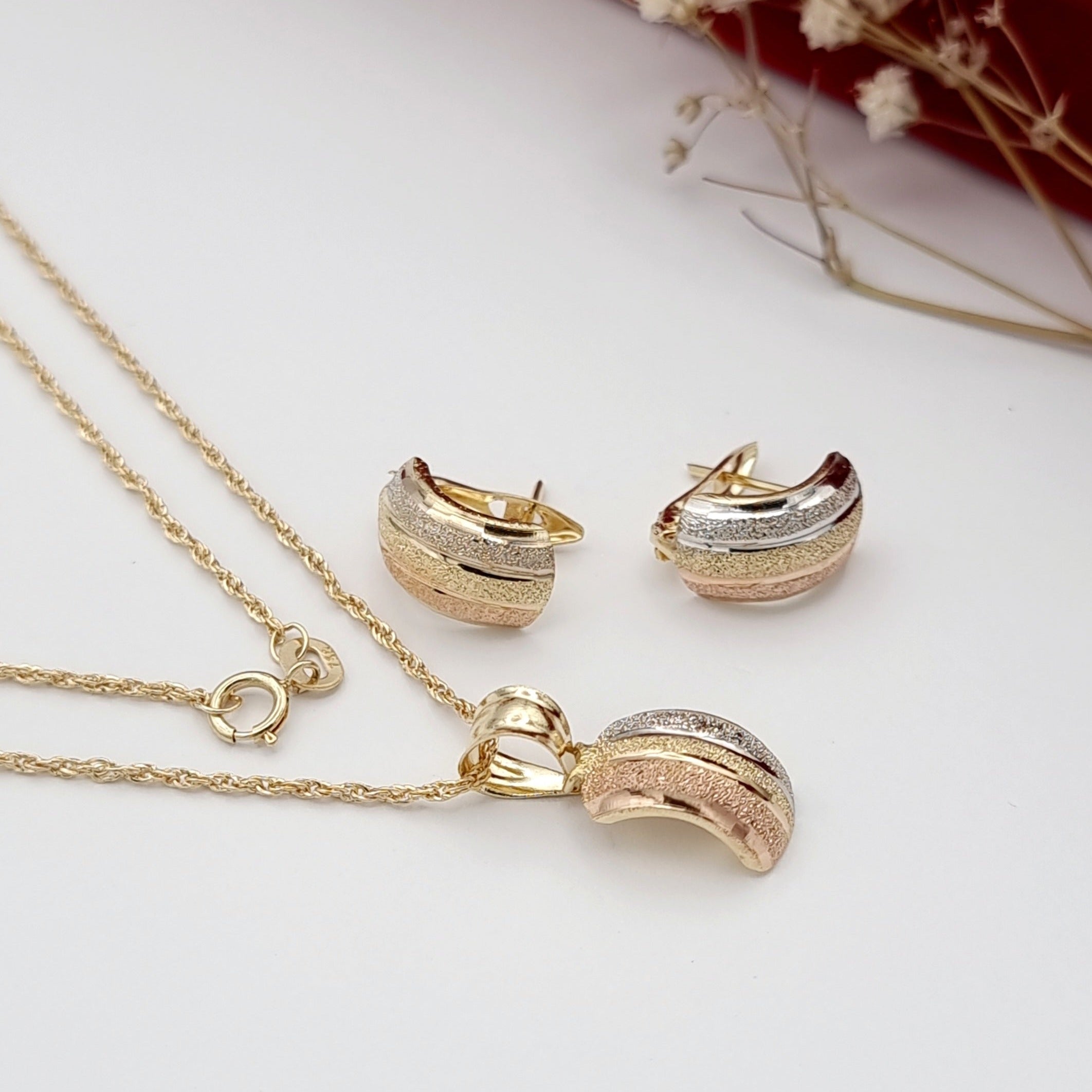 18K Pure Gold 3 Color Curved Jewelry Set