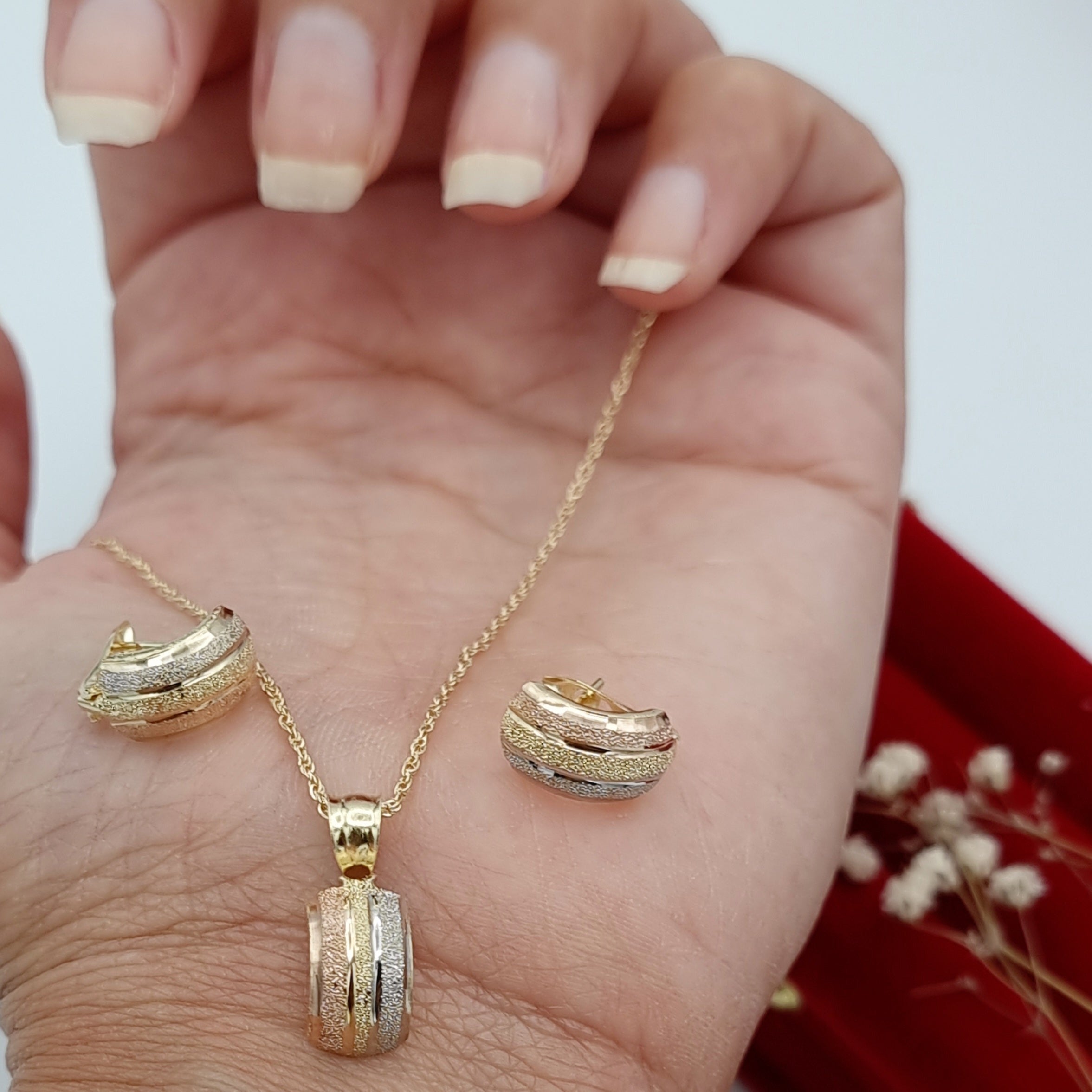 18K Pure Gold 3 Color Curved Jewelry Set