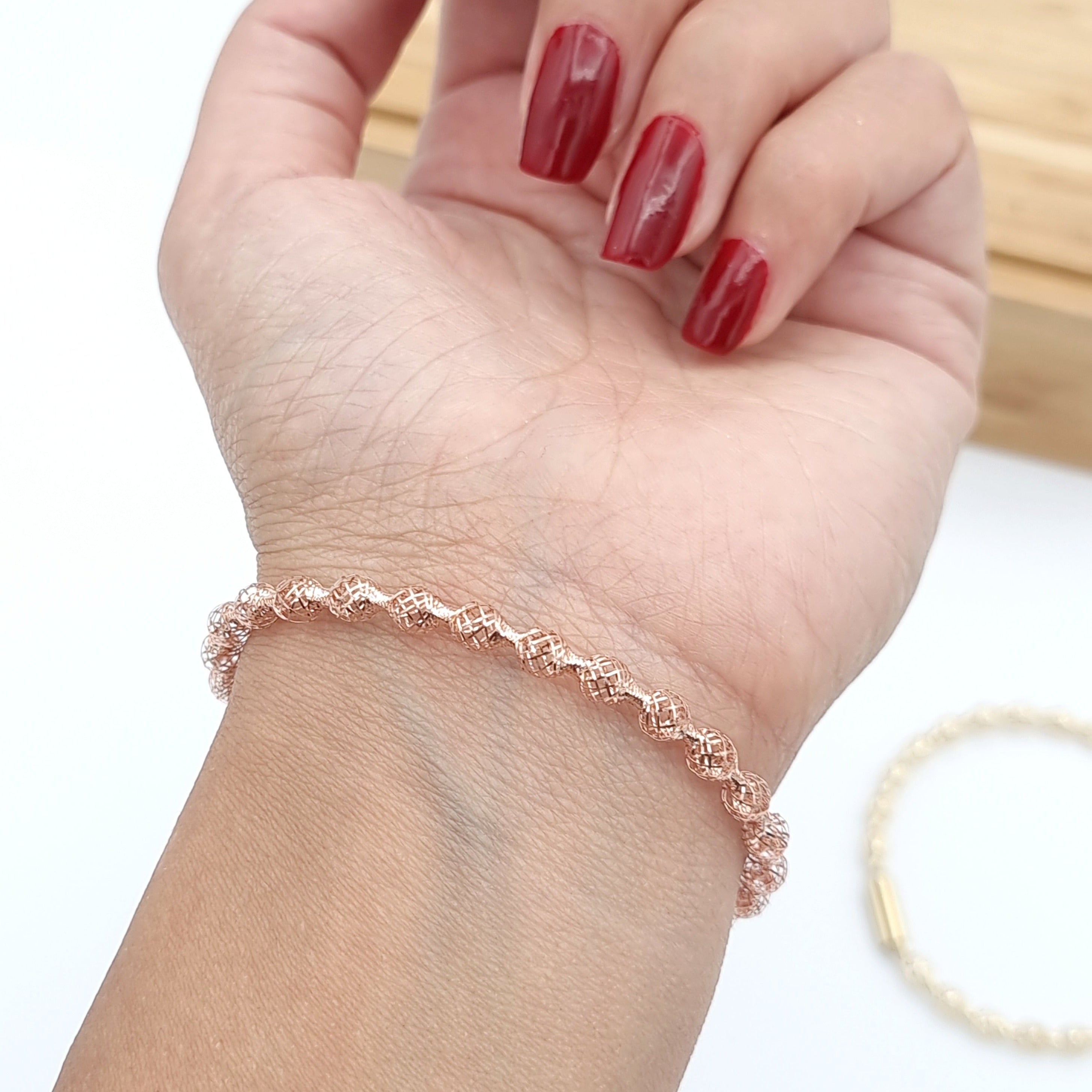 18K Pure Gold Elastic Net Ball Rose Bangle