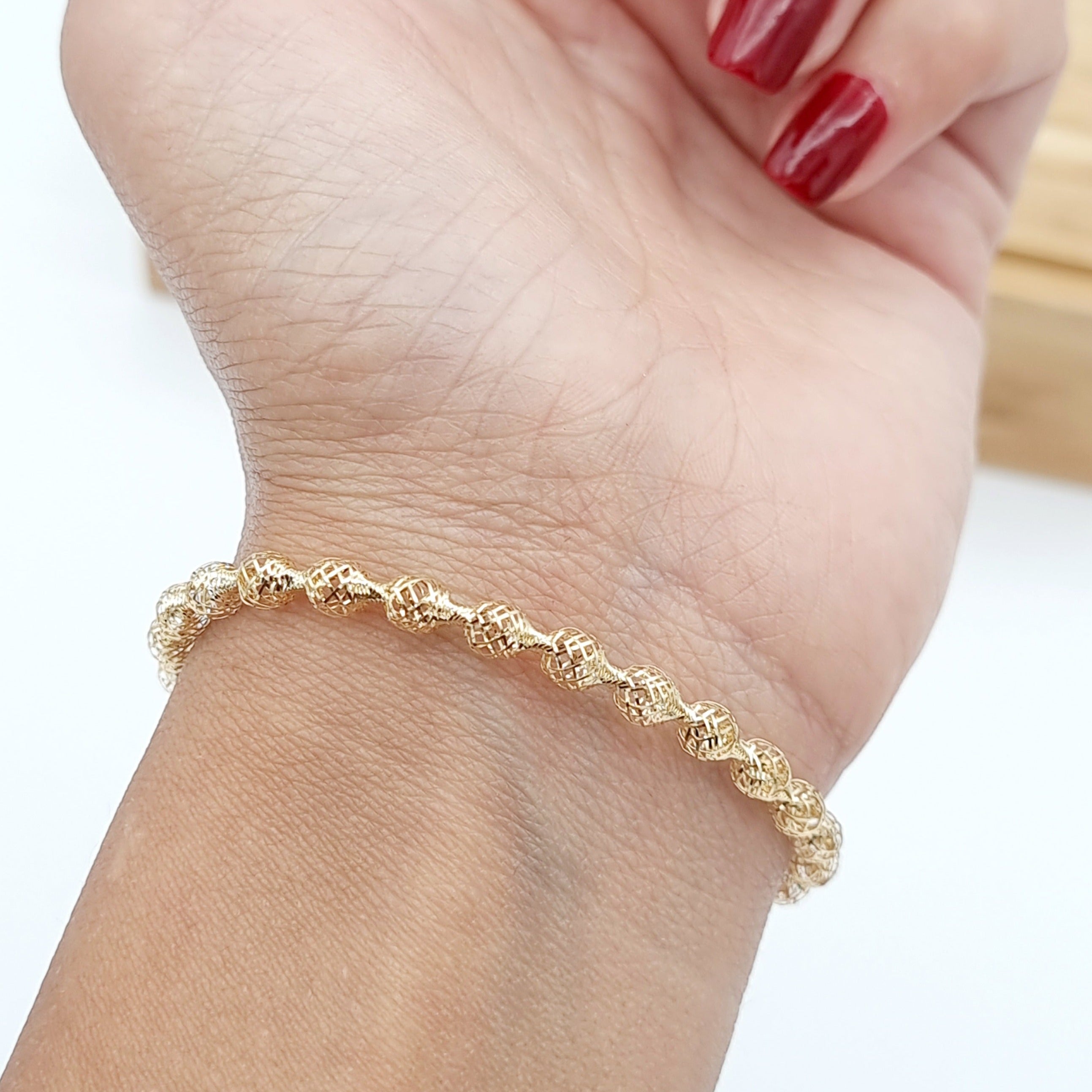 18K Pure Gold Elastic Net Ball Bangle