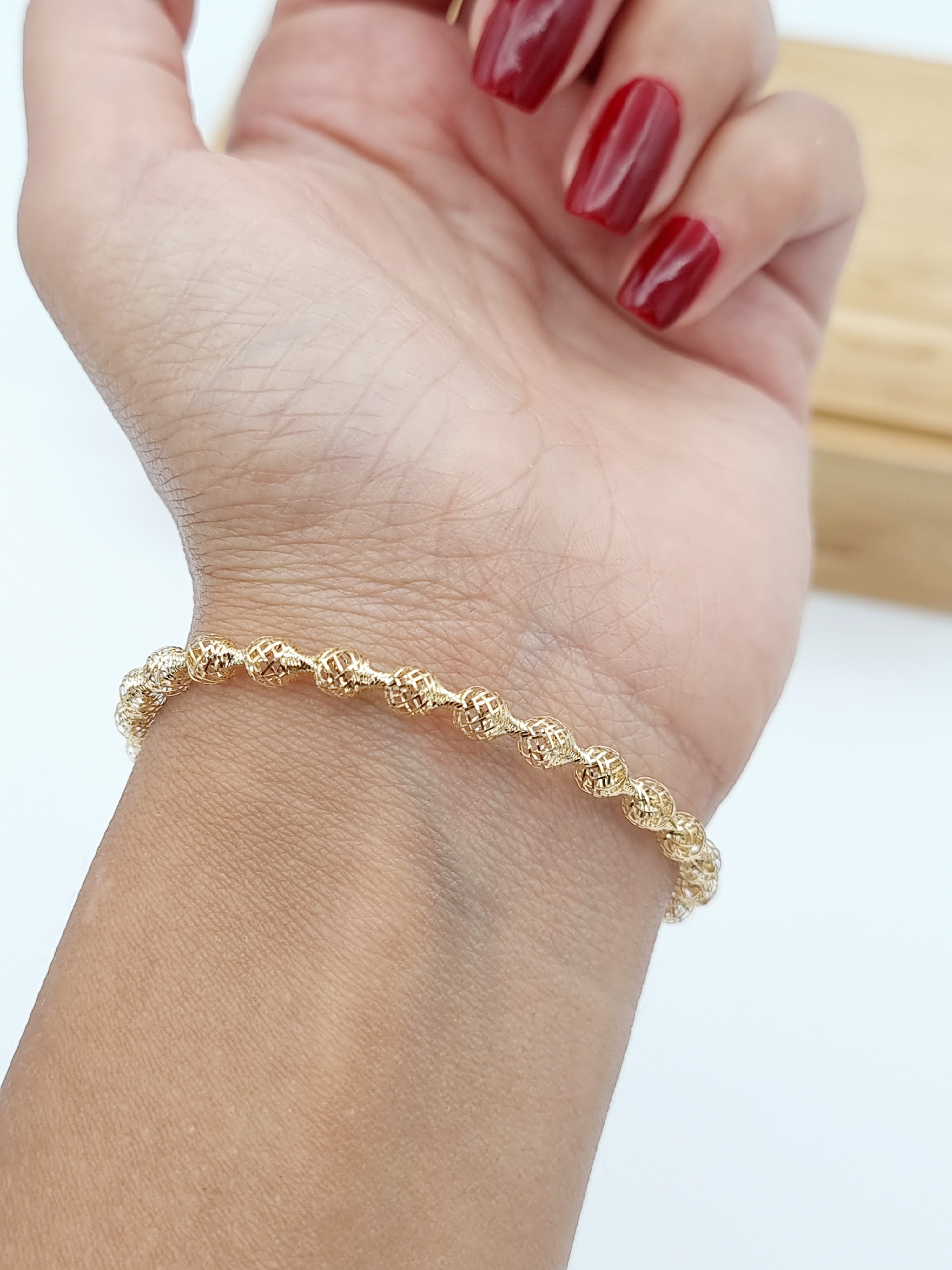 18K Pure Gold Elastic Net Ball Bangle