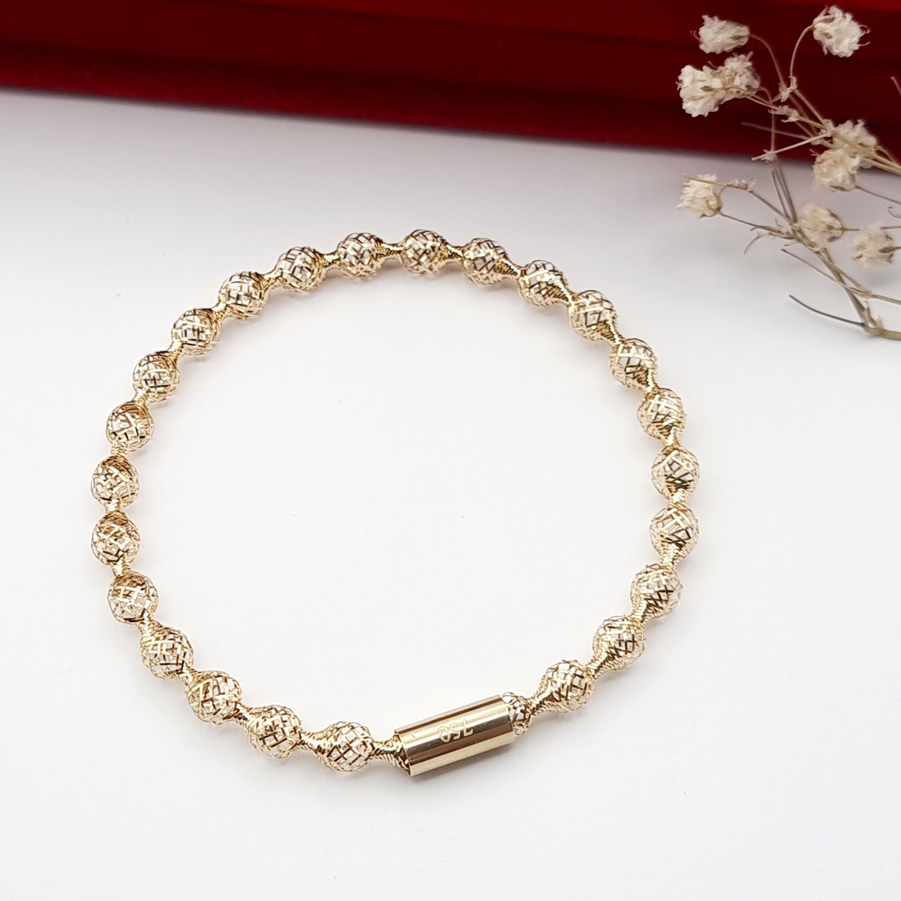 18K Pure Gold Elastic Net Ball Bangle