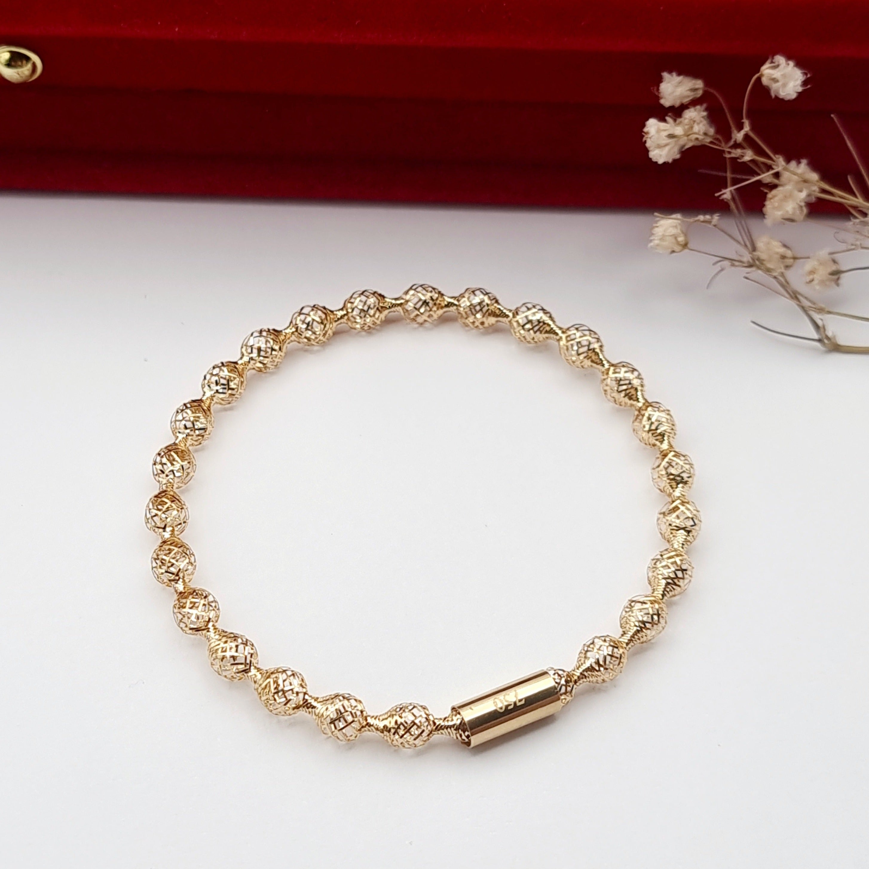 18K Pure Gold Elastic Net Ball Bangle