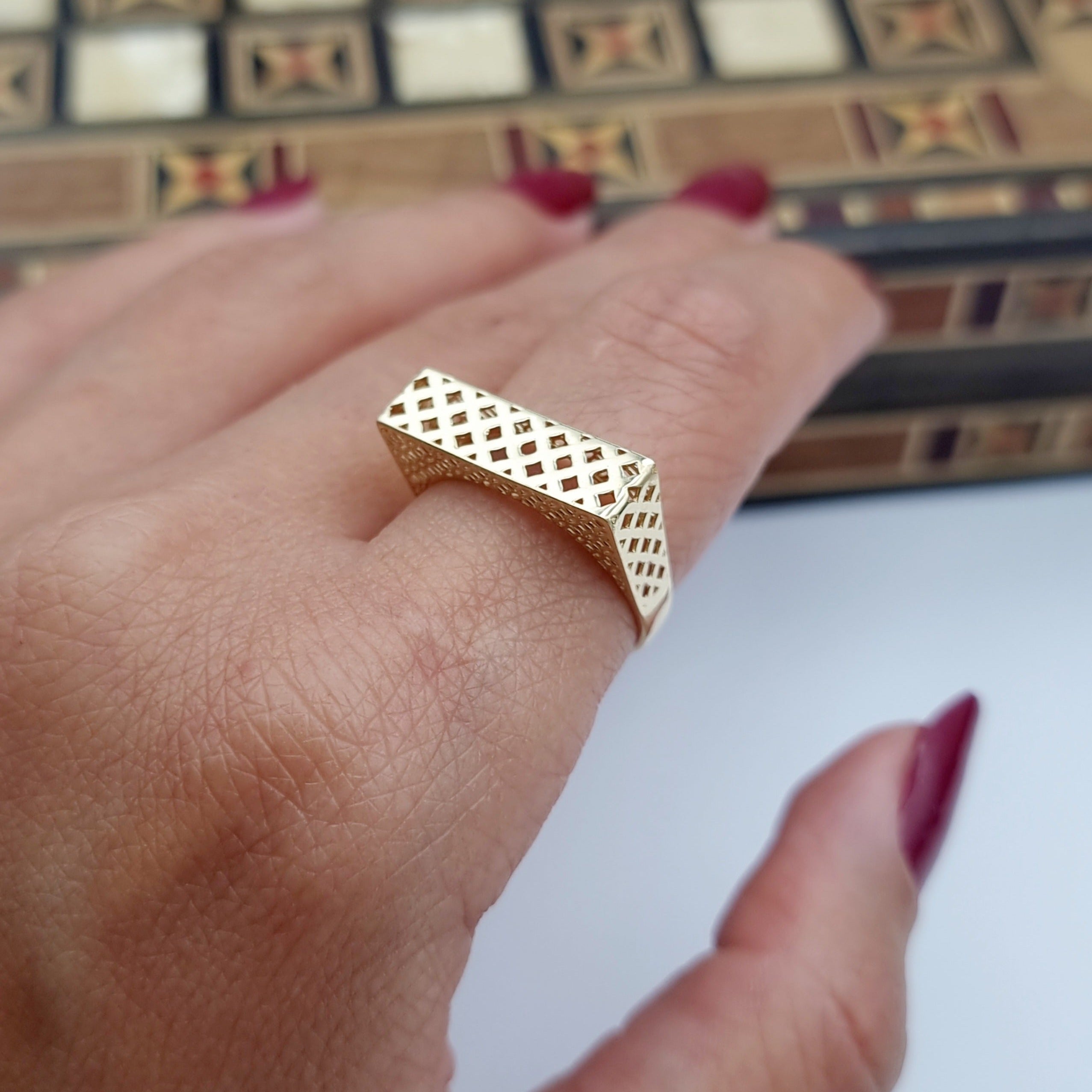 18K Pure Gold Square Net Ring