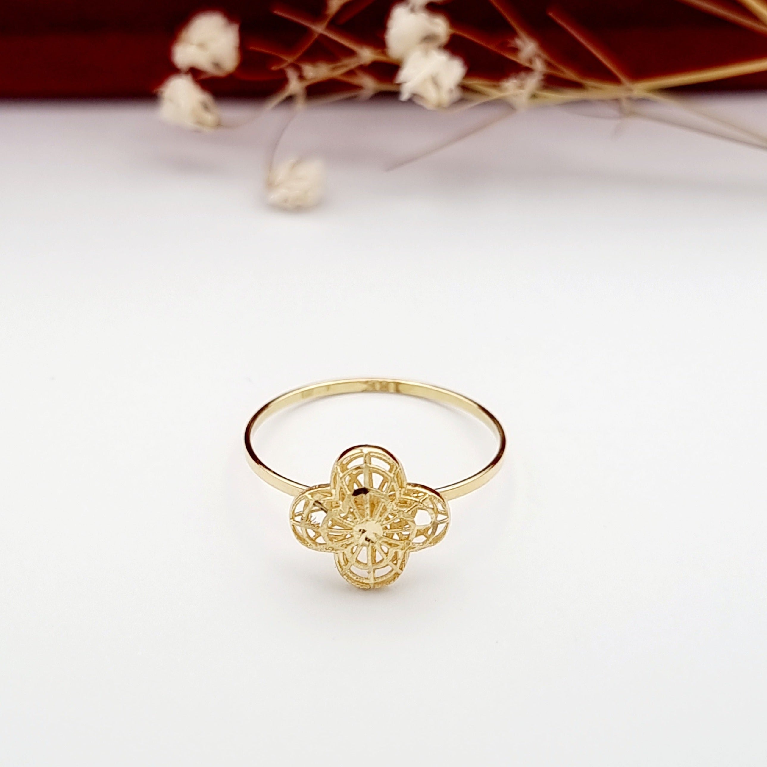 18K Pure Gold Net Flower Ring