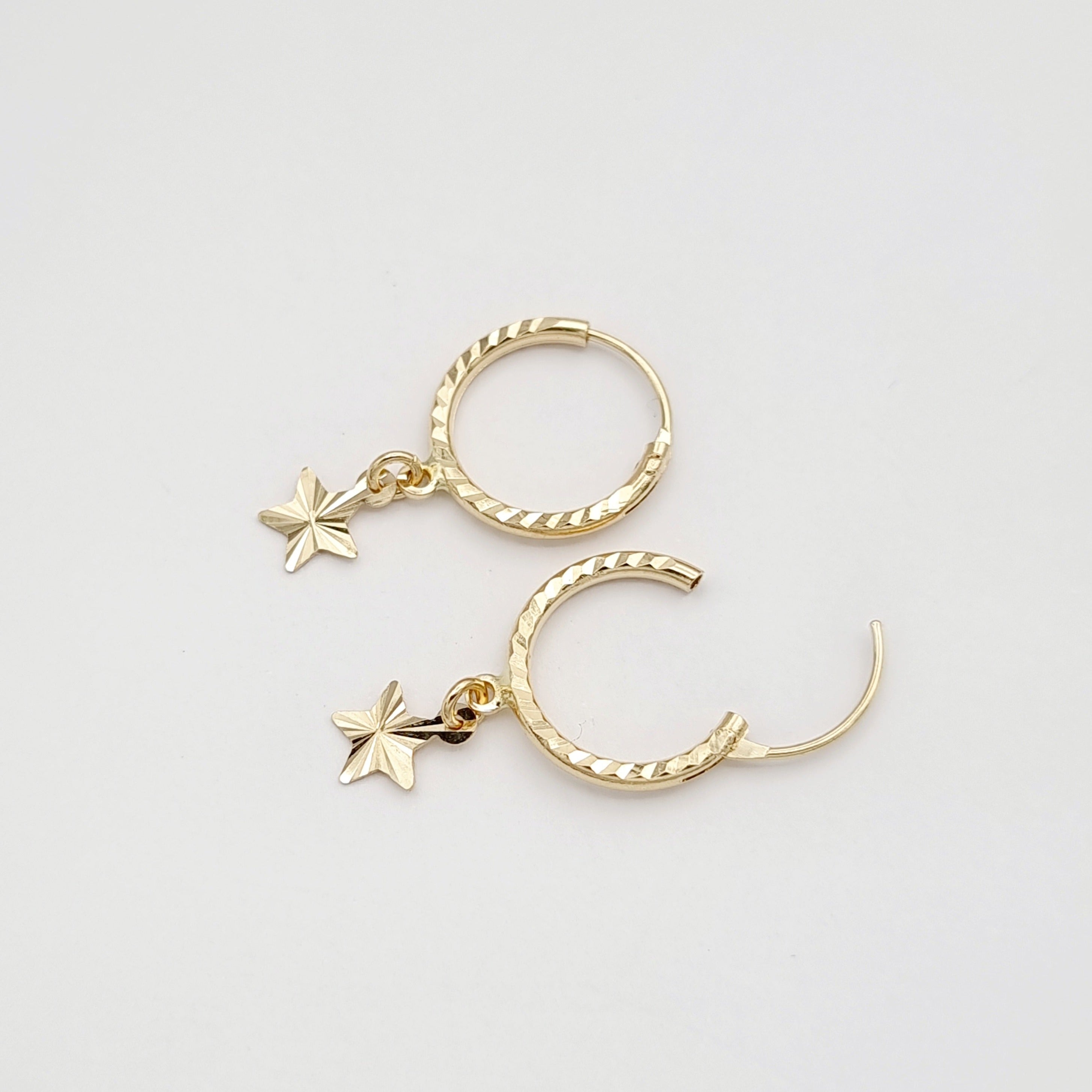 18K Pure Gold Round Hanging Star Earring Set