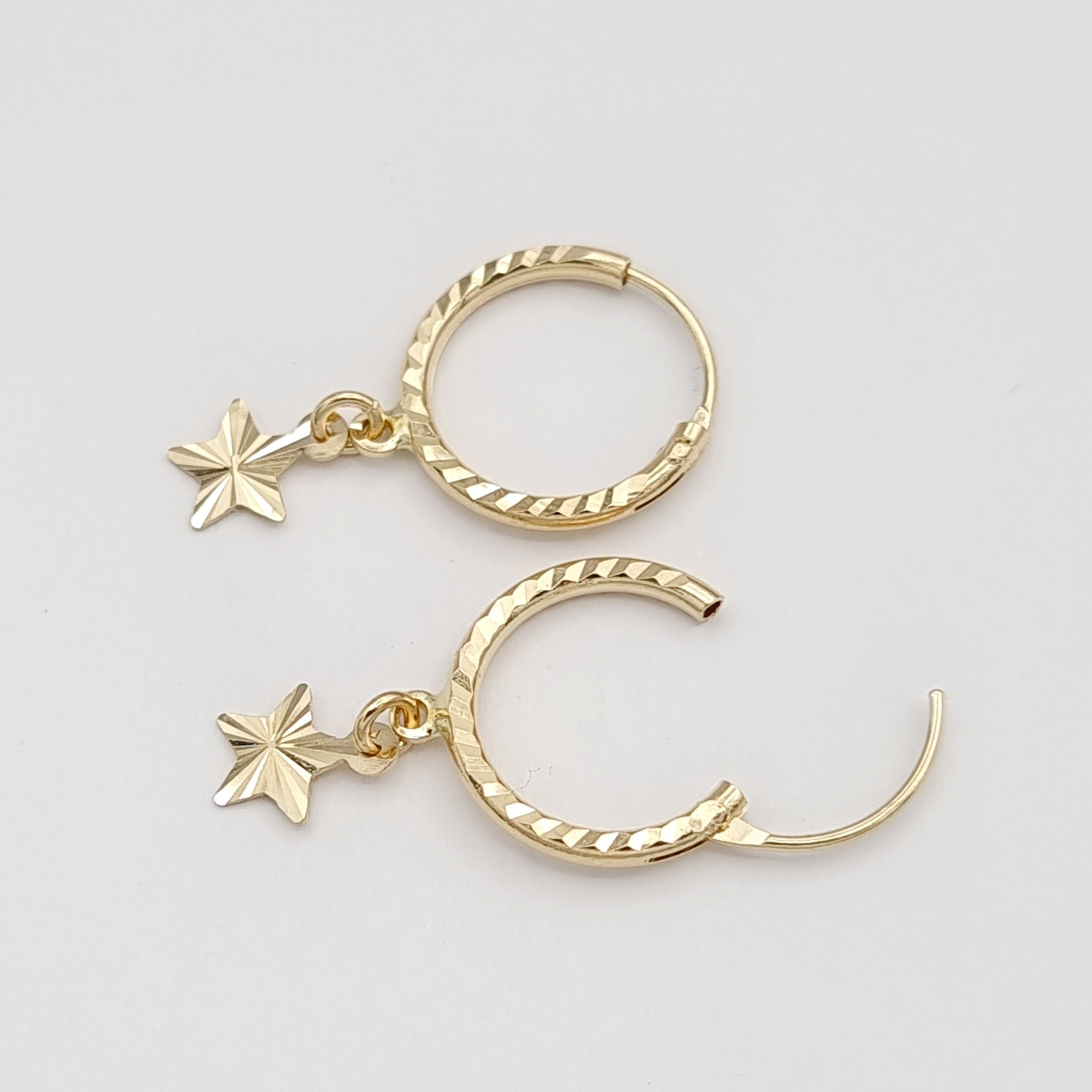18K Pure Gold Round Hanging Star Earring Set