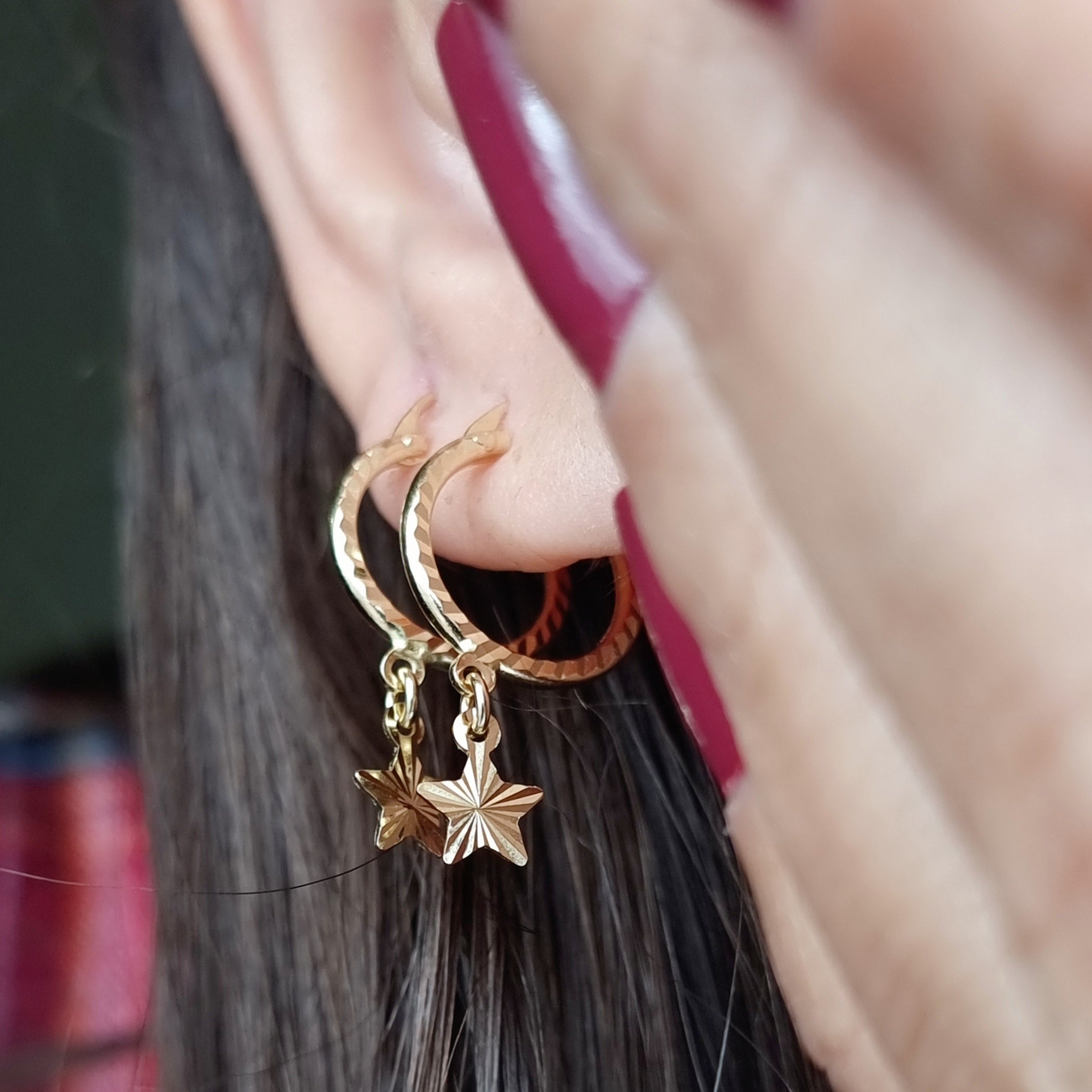 18K Pure Gold Round Hanging Star Earring Set