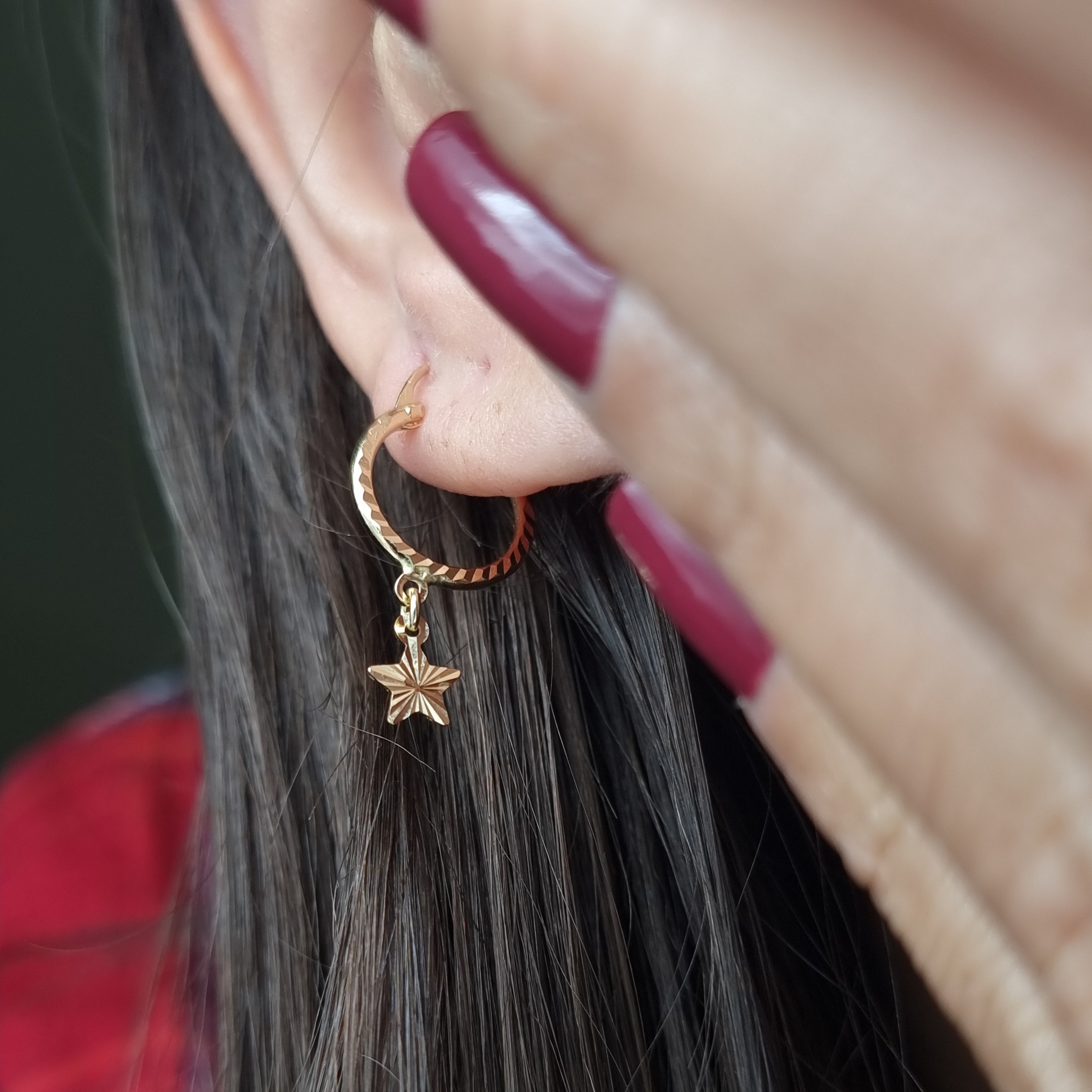 18K Pure Gold Round Hanging Star Earring Set