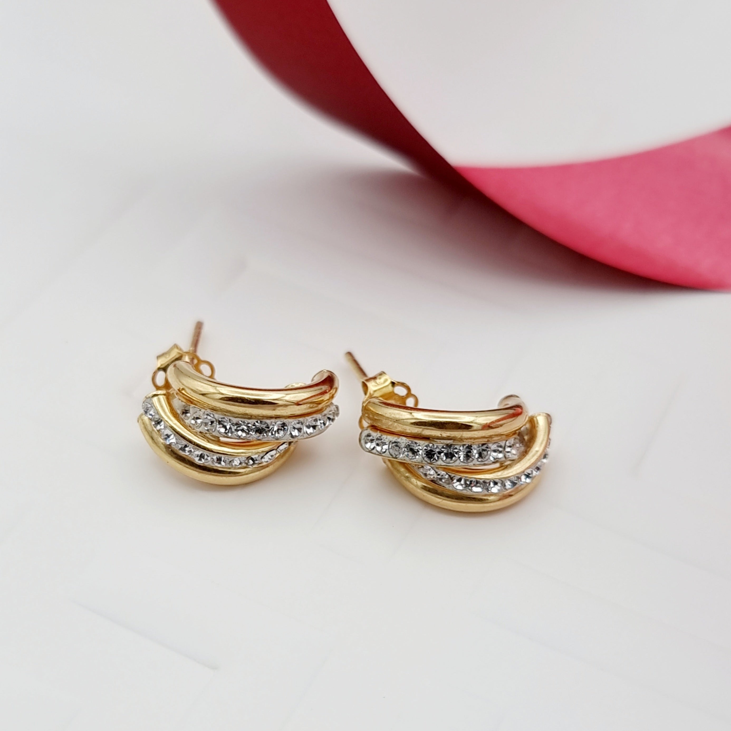 18K Pure Gold Stone Layer Tube Stud Earring Set
